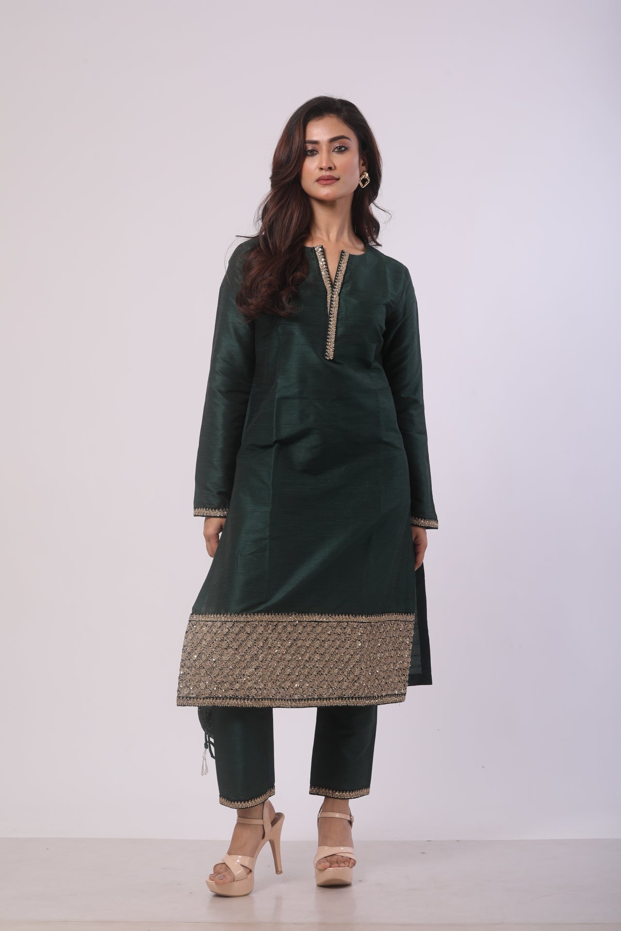 Bottle Green Velvet Kurta Set with Palazzo