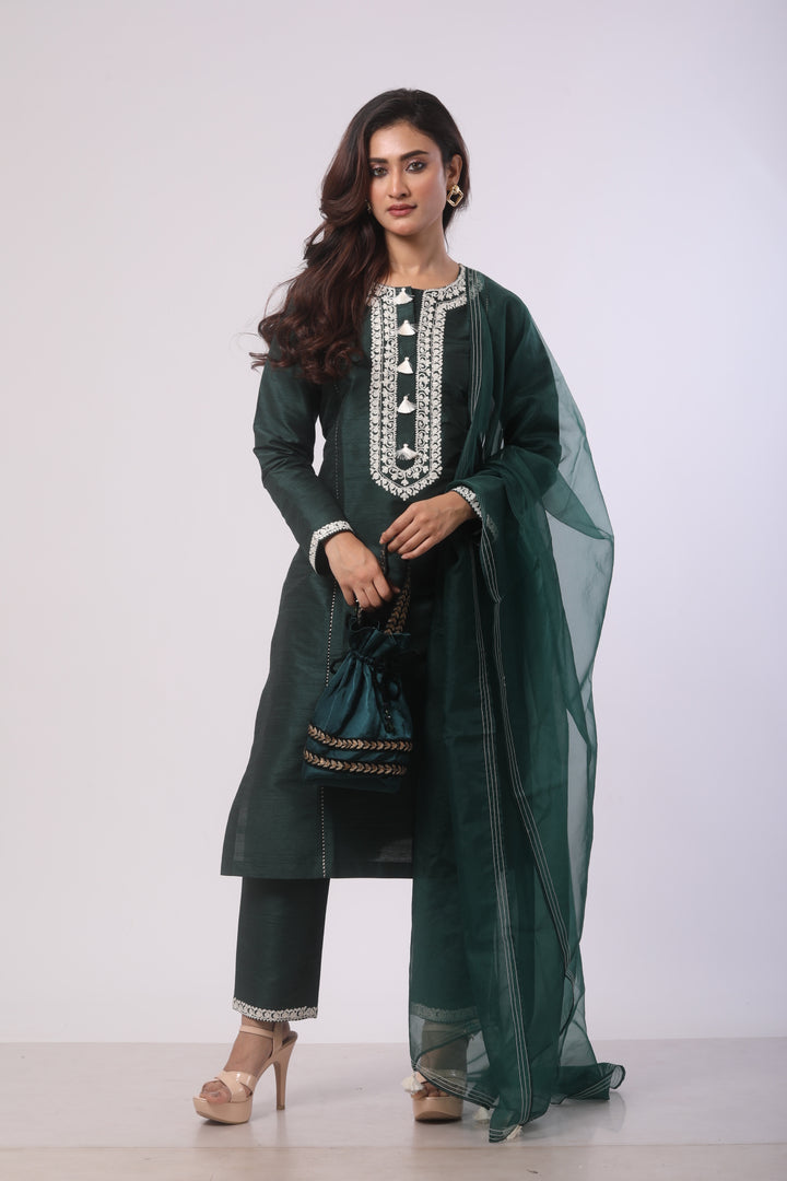 Bottle Green Seltos Silk Kurti Set with Dori Work and Organza Dupatta