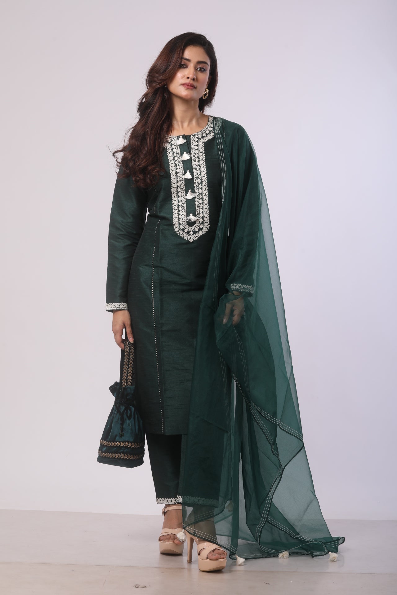 Bottle Green Seltos Silk Kurti Set with Dori Work and Organza Dupatta
