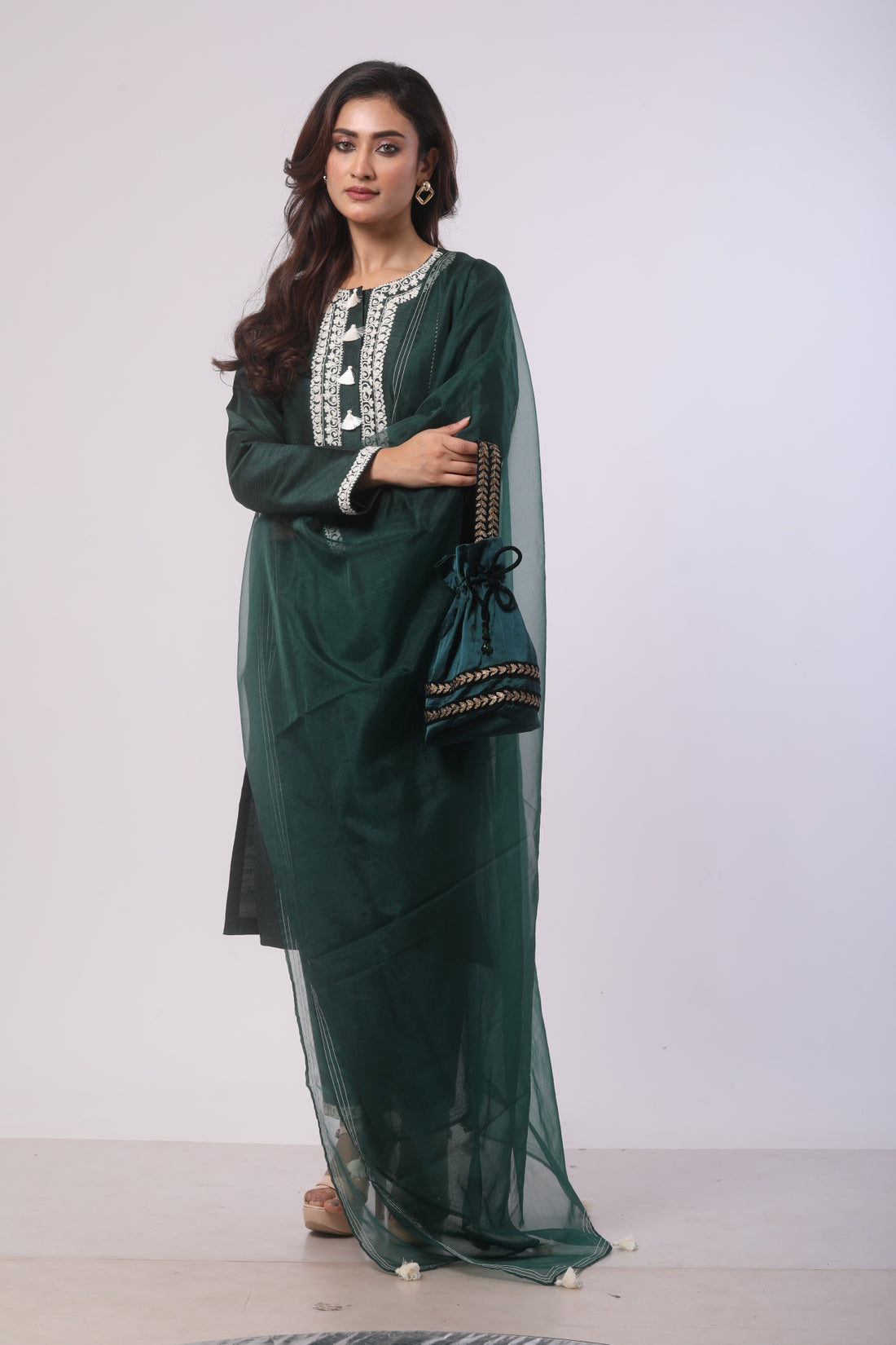Bottle Green Seltos Silk Kurti Set with Dori Work and Organza Dupatta