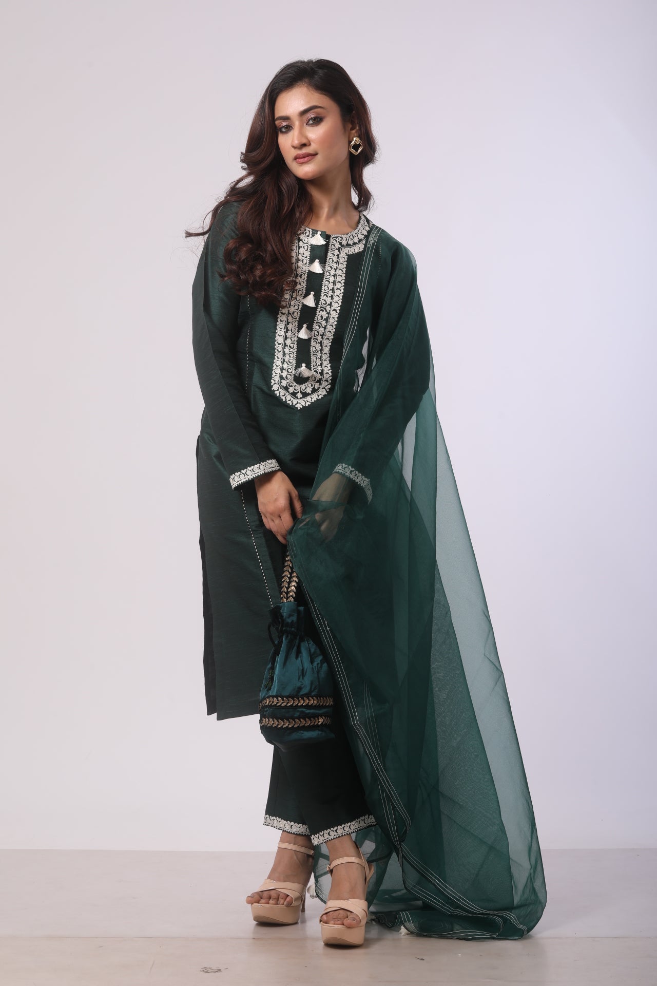 Bottle Green Seltos Silk Kurti Set with Dori Work and Organza Dupatta