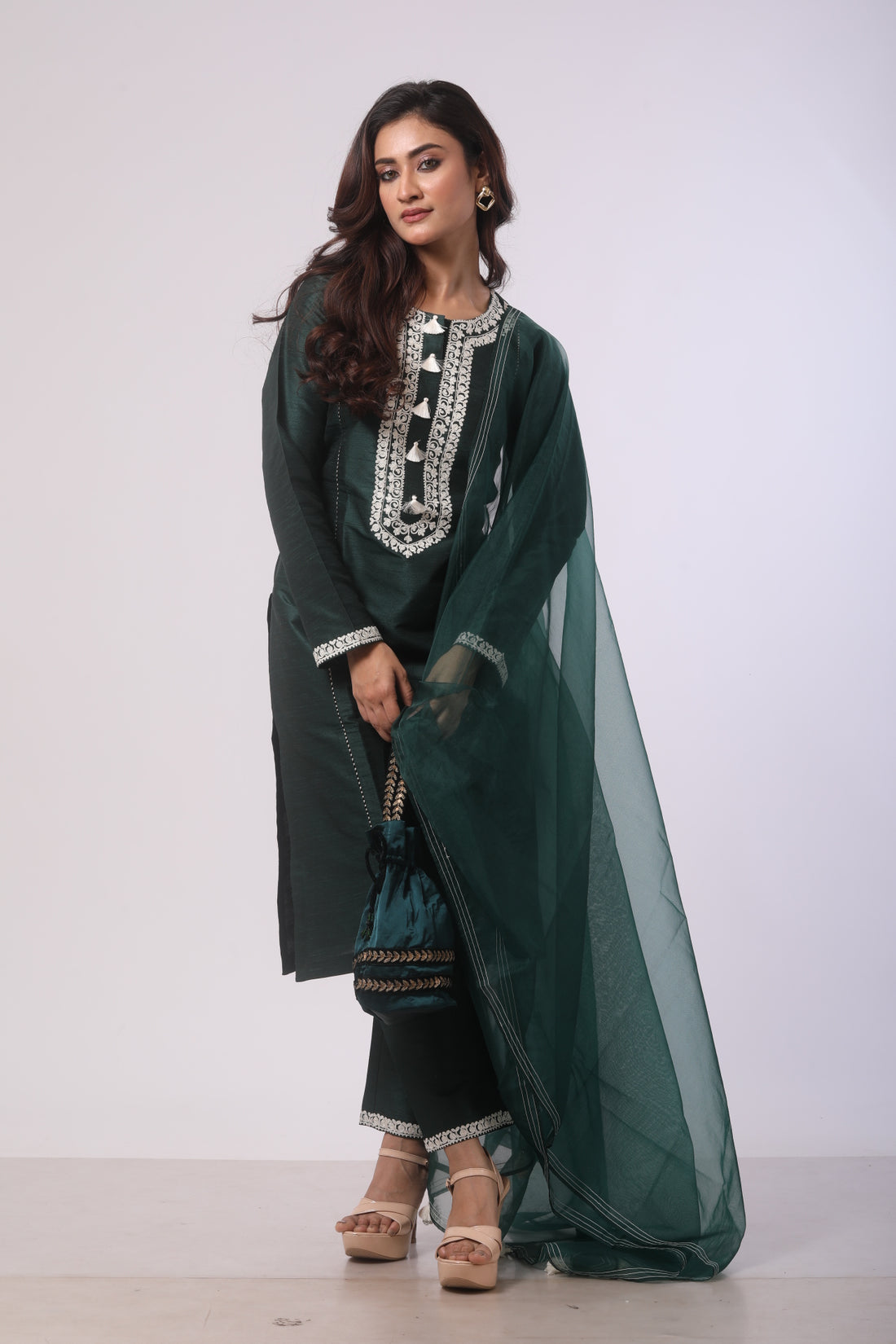 Bottle Green Seltos Silk Kurti Set with Dori Work and Organza Dupatta