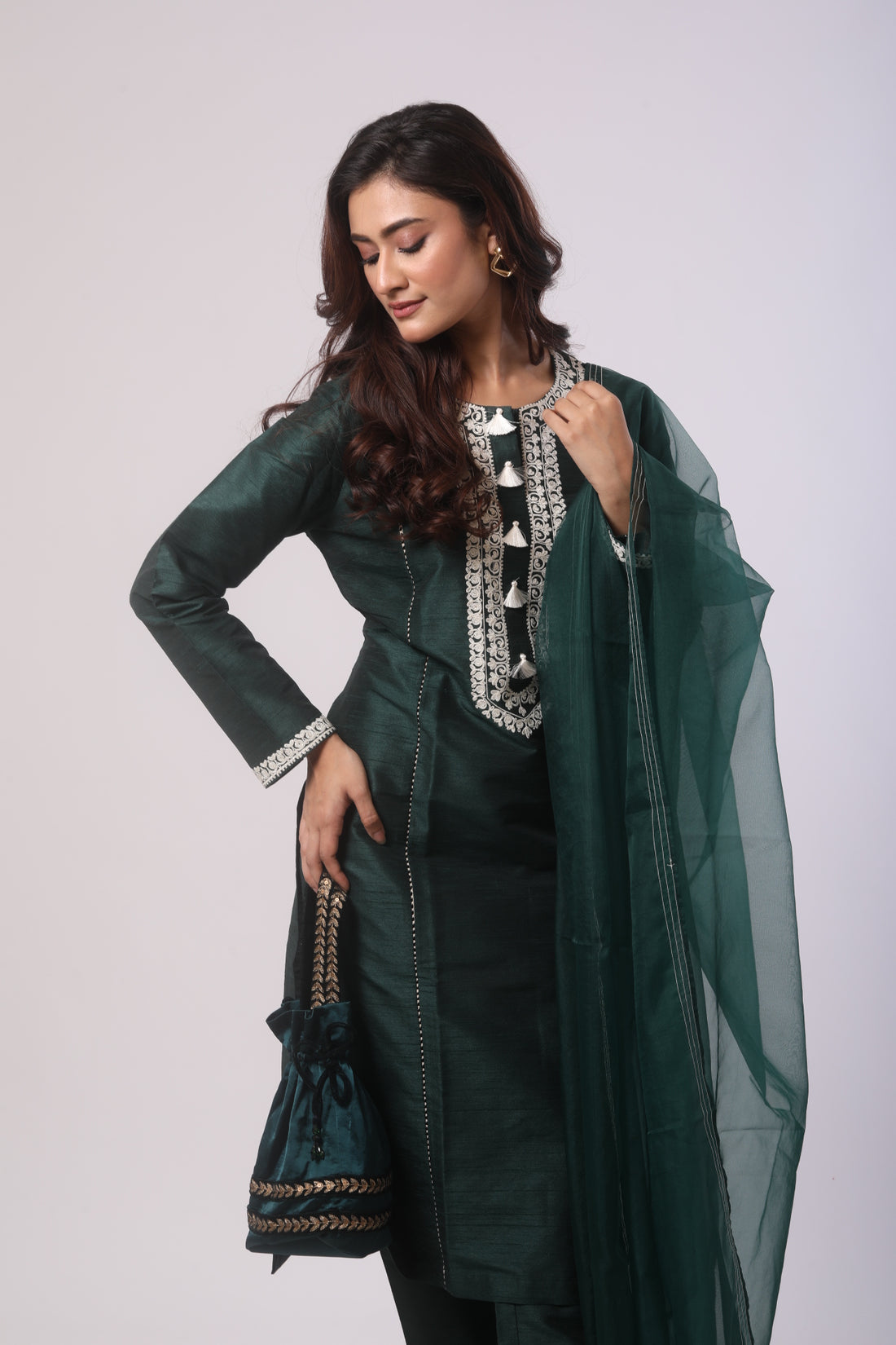 Bottle Green Seltos Silk Kurti Set with Dori Work and Organza Dupatta