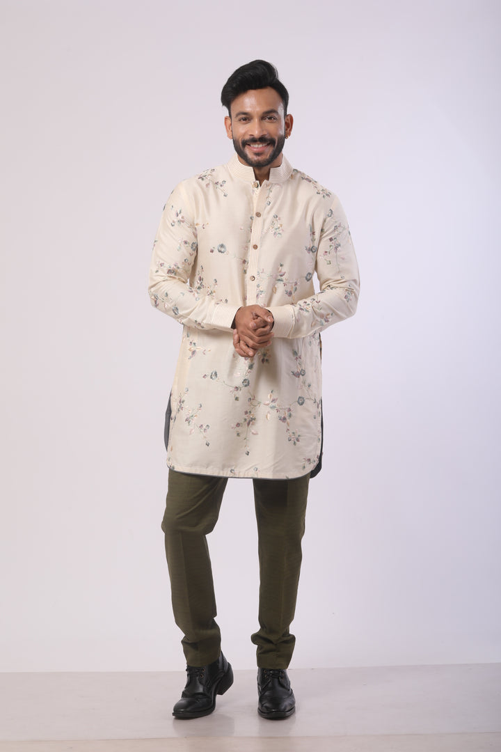 Off White embroidered kurta with Olive pant