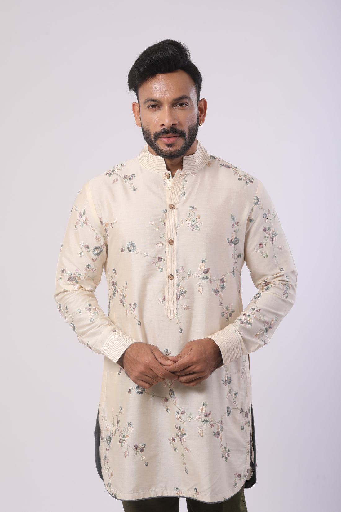 Off White embroidered kurta with Olive pant