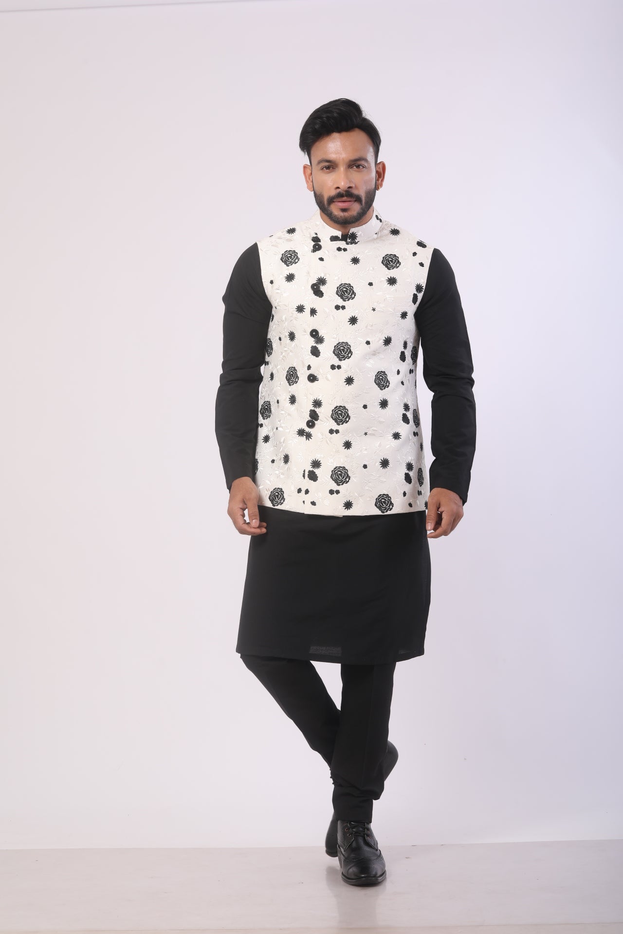 White & Black Katan Silk Kurta Set with Nehru Jacket