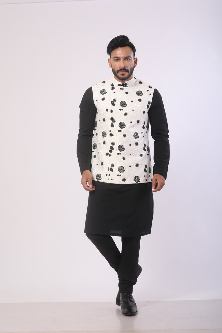 White & Black Katan Silk Kurta Set with Nehru Jacket