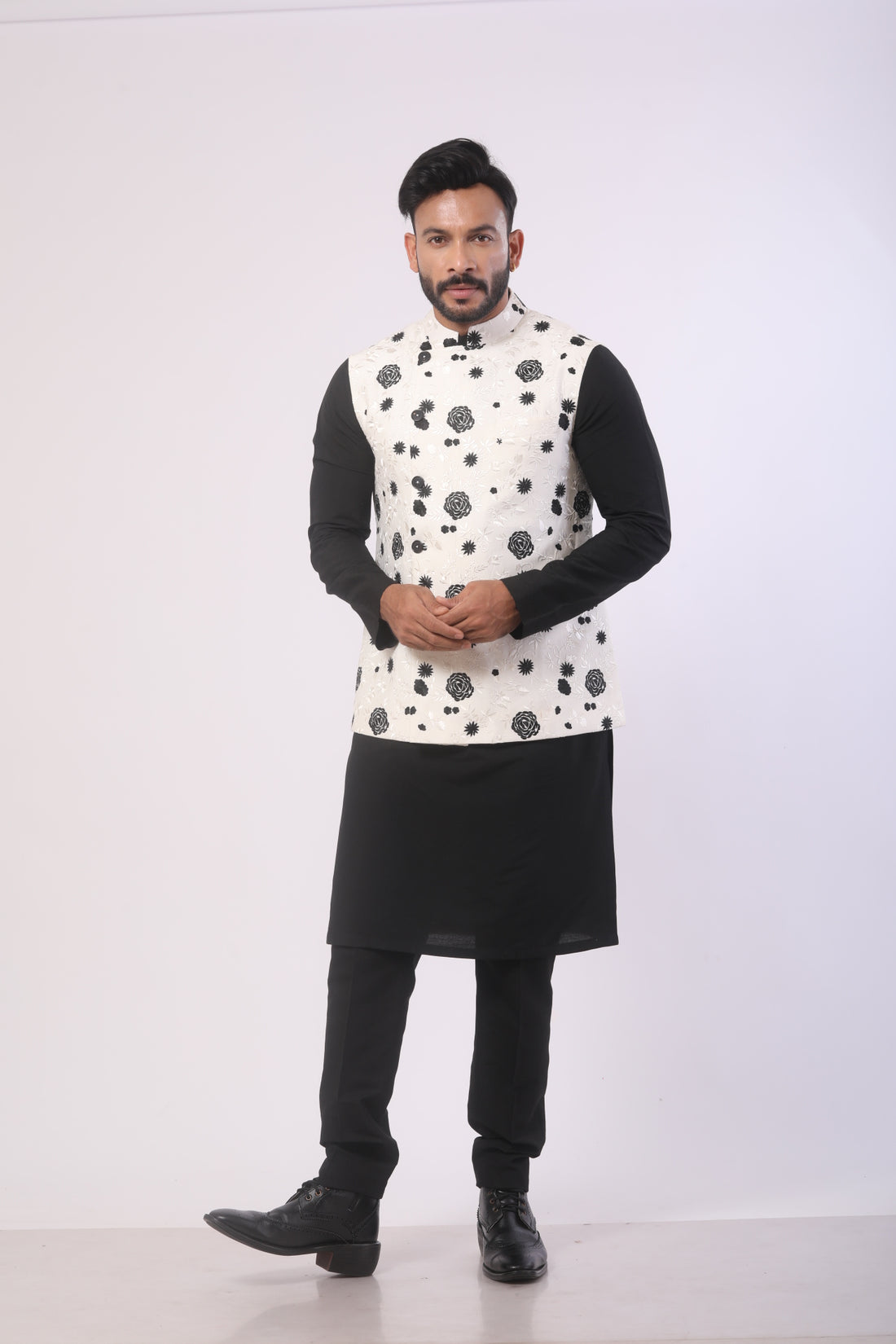 White & Black Katan Silk Kurta Set with Nehru Jacket