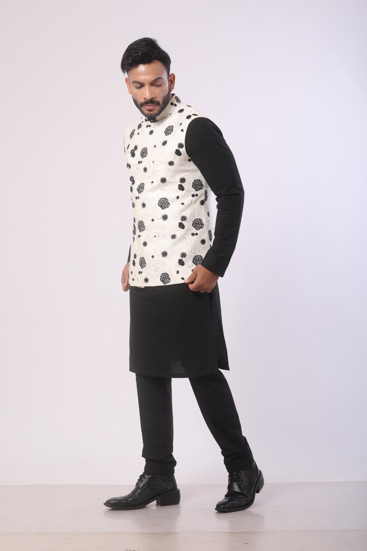 White & Black Katan Silk Kurta Set with Nehru Jacket