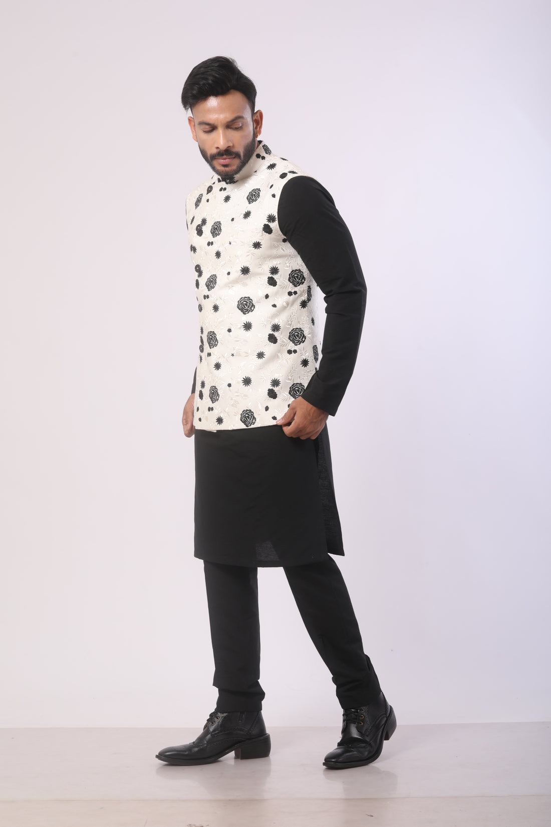 White & Black Katan Silk Kurta Set with Nehru Jacket