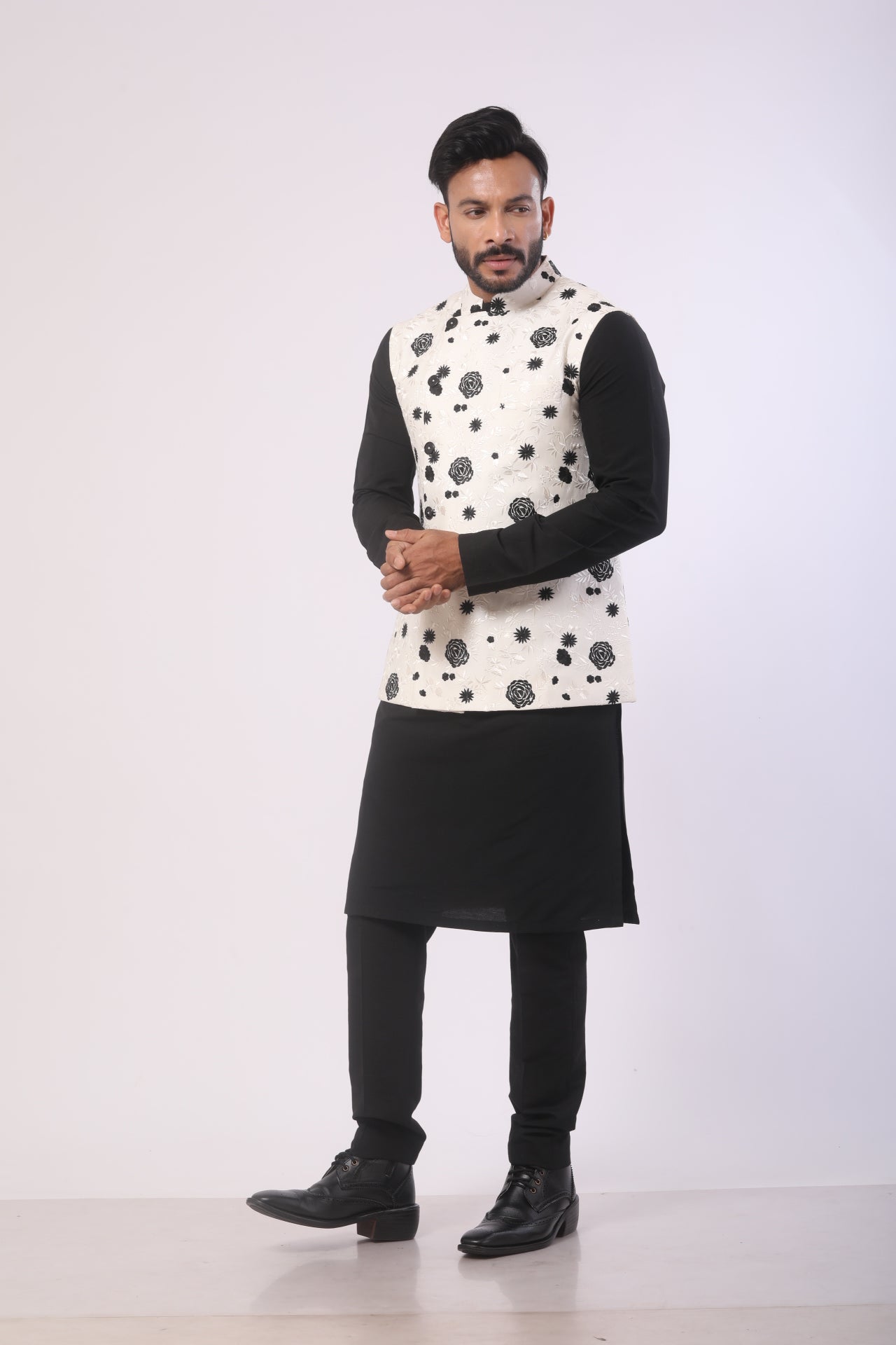 White & Black Katan Silk Kurta Set with Nehru Jacket