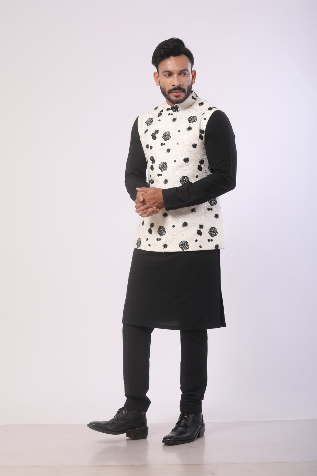 White & Black Katan Silk Kurta Set with Nehru Jacket