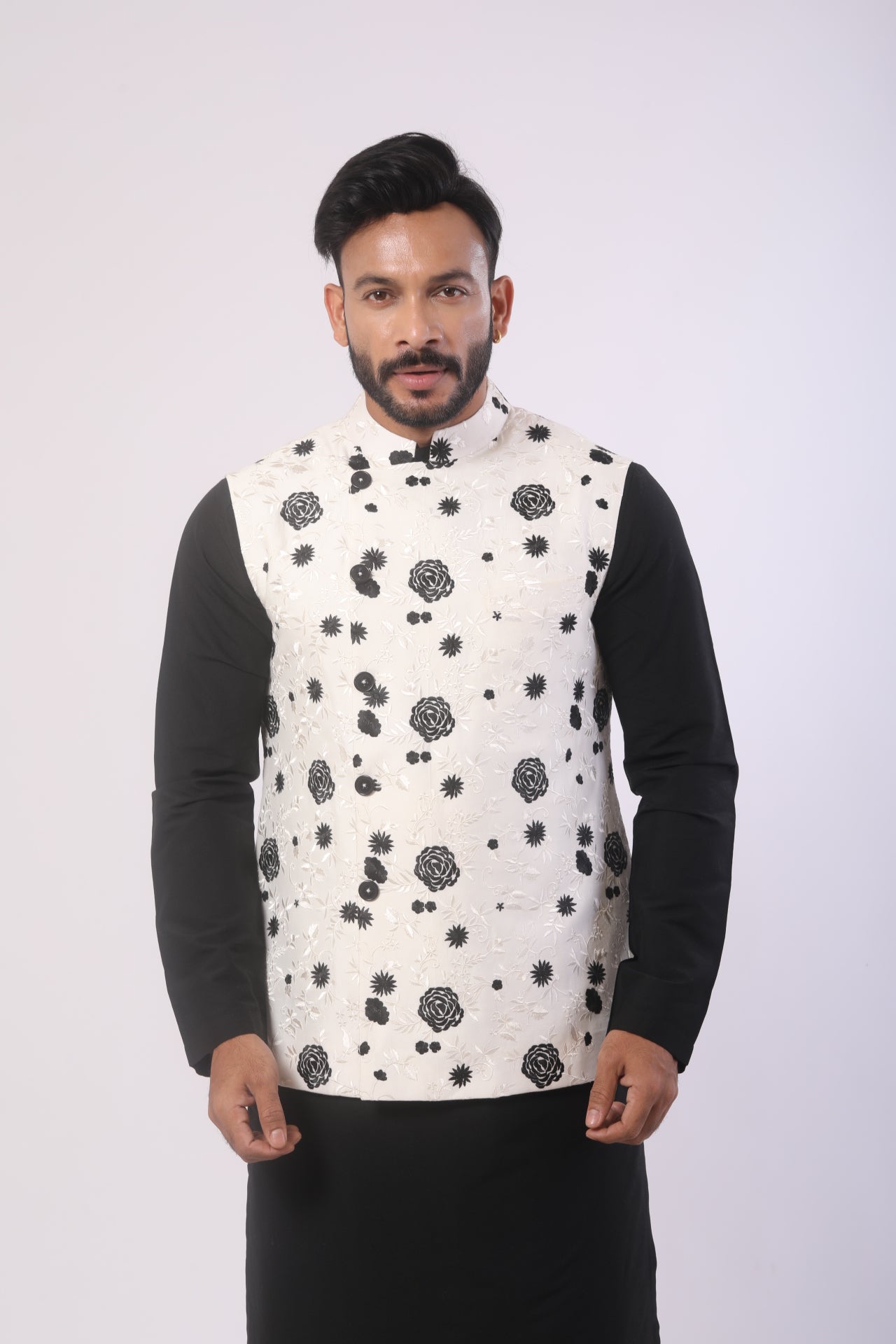 White & Black Katan Silk Kurta Set with Nehru Jacket