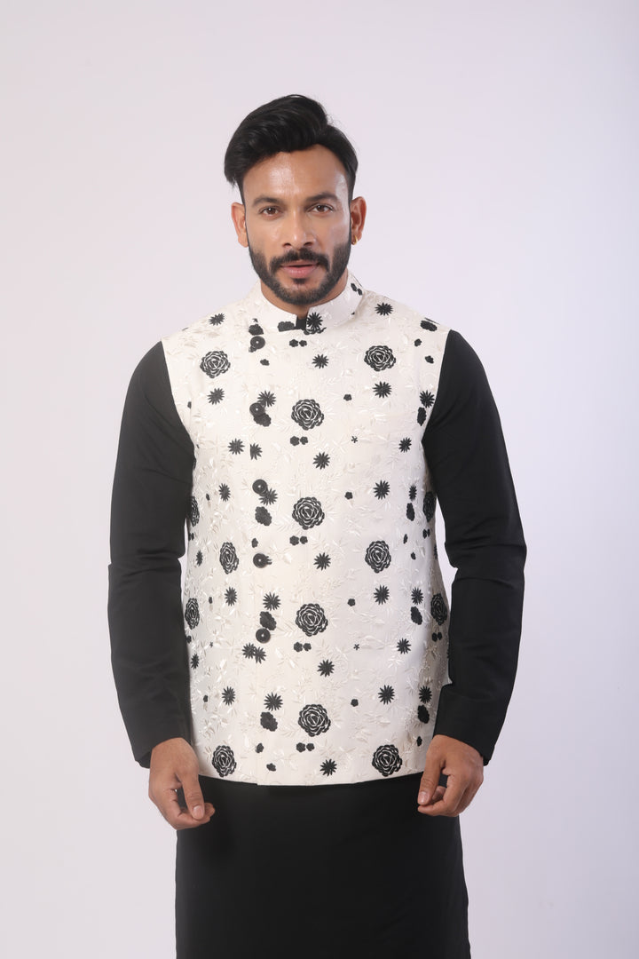 White & Black Katan Silk Kurta Set with Nehru Jacket