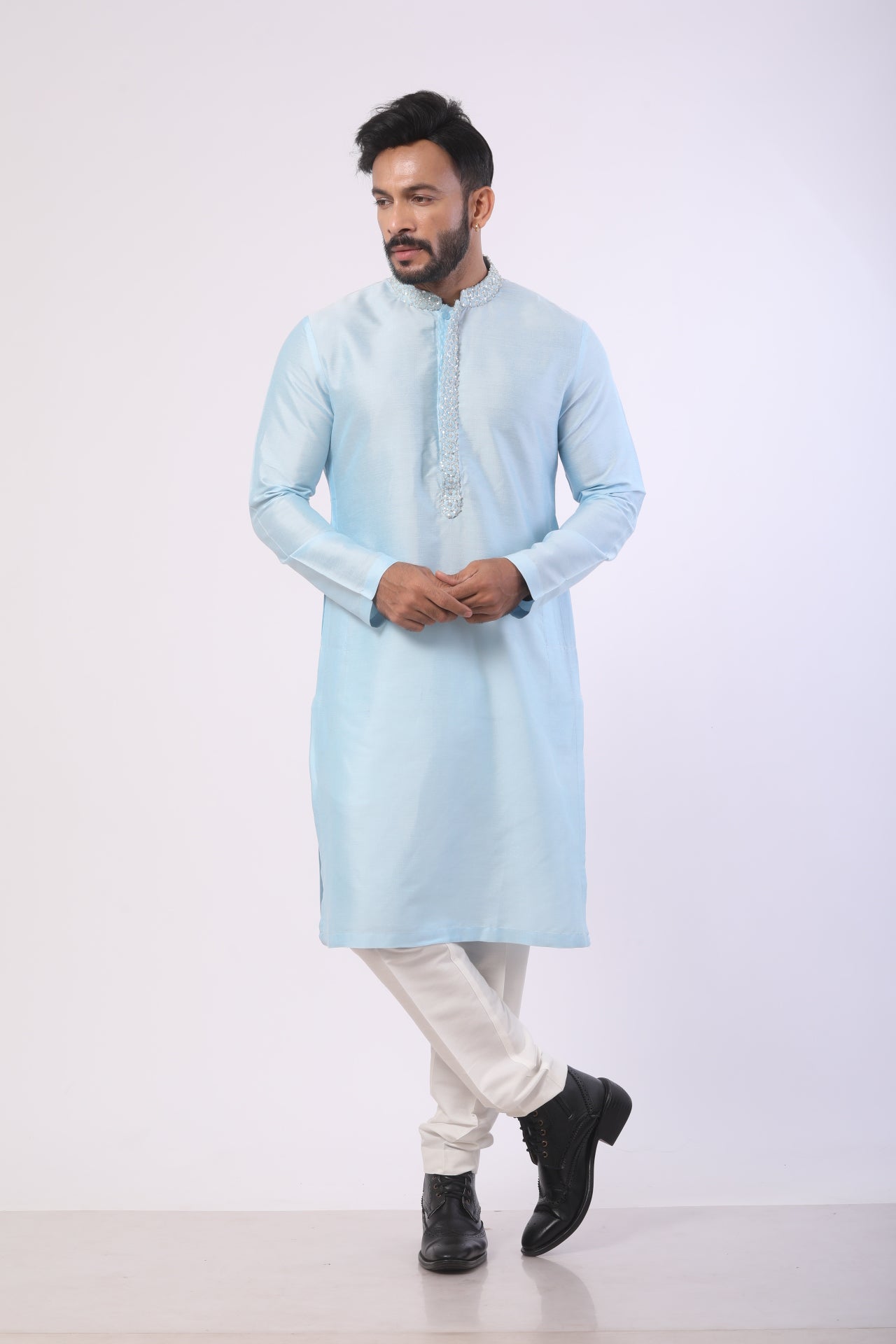 Sea Blue Embroidered Kurta Set with White Straight Pants