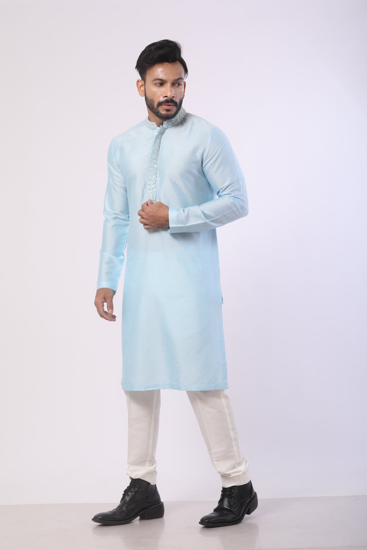 Sea Blue Embroidered Kurta Set with White Straight Pants