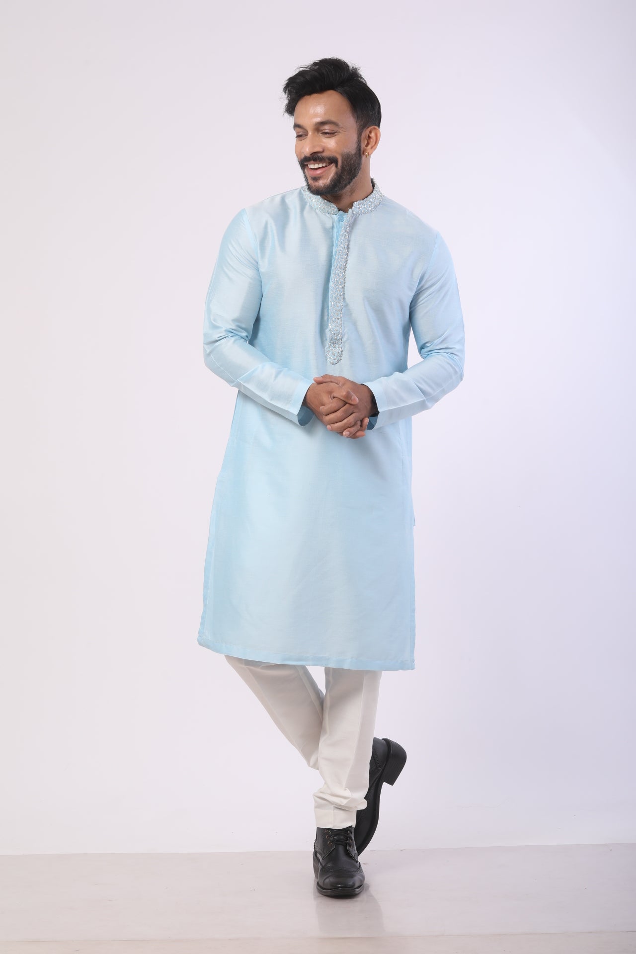 Sea Blue Embroidered Kurta Set with White Straight Pants