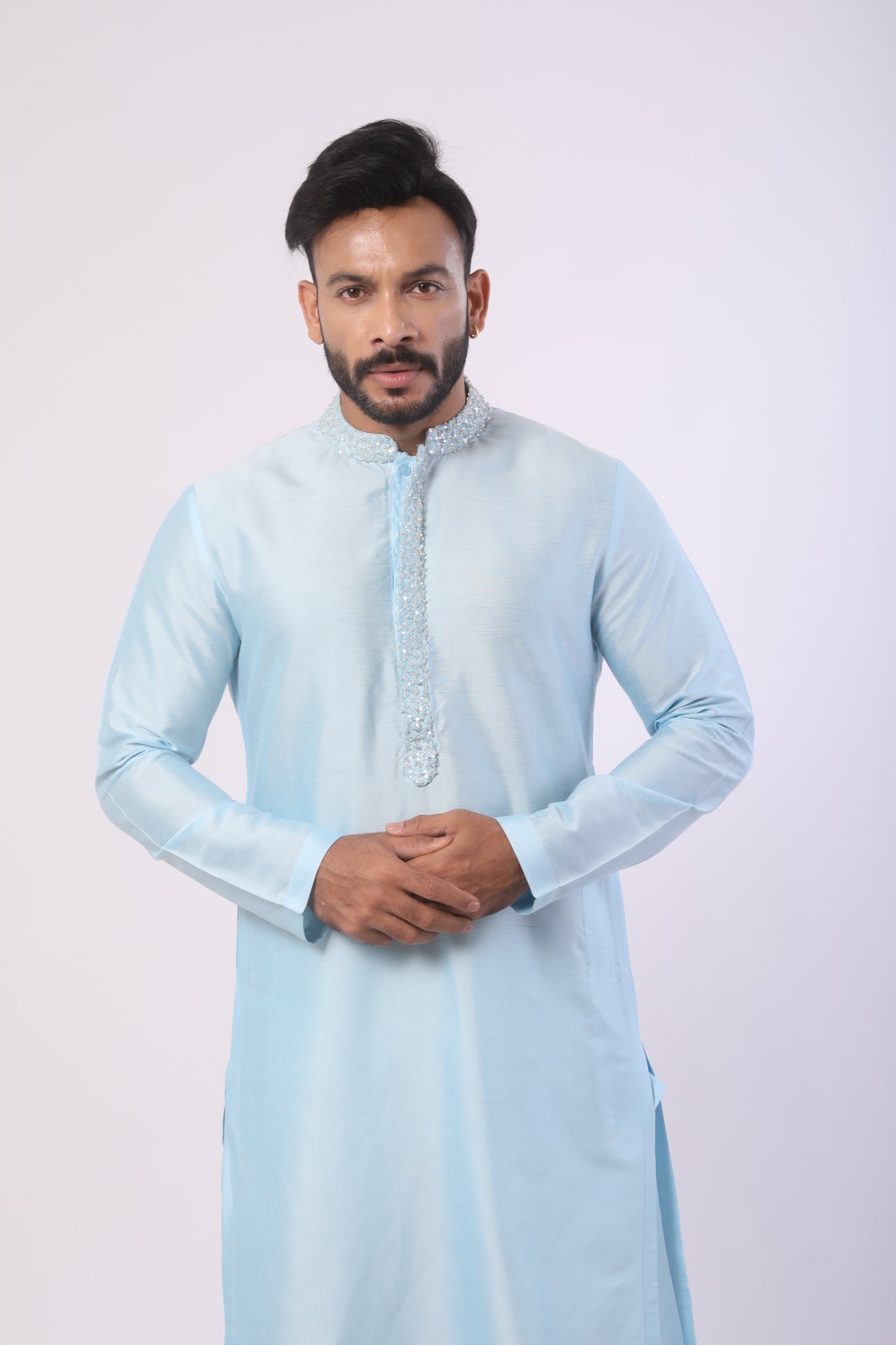 Sea Blue Embroidered Kurta Set with White Straight Pants