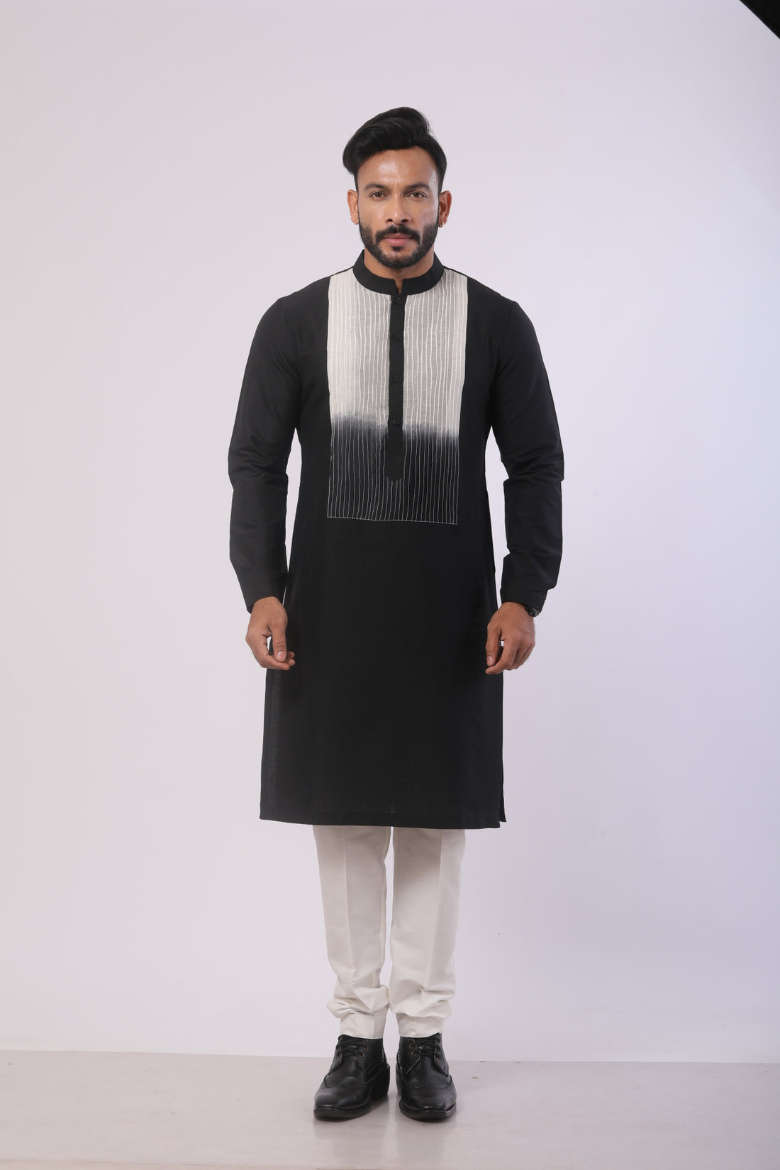 Off-White & Black Katan Silk Kurta Set with Mandarin Collar