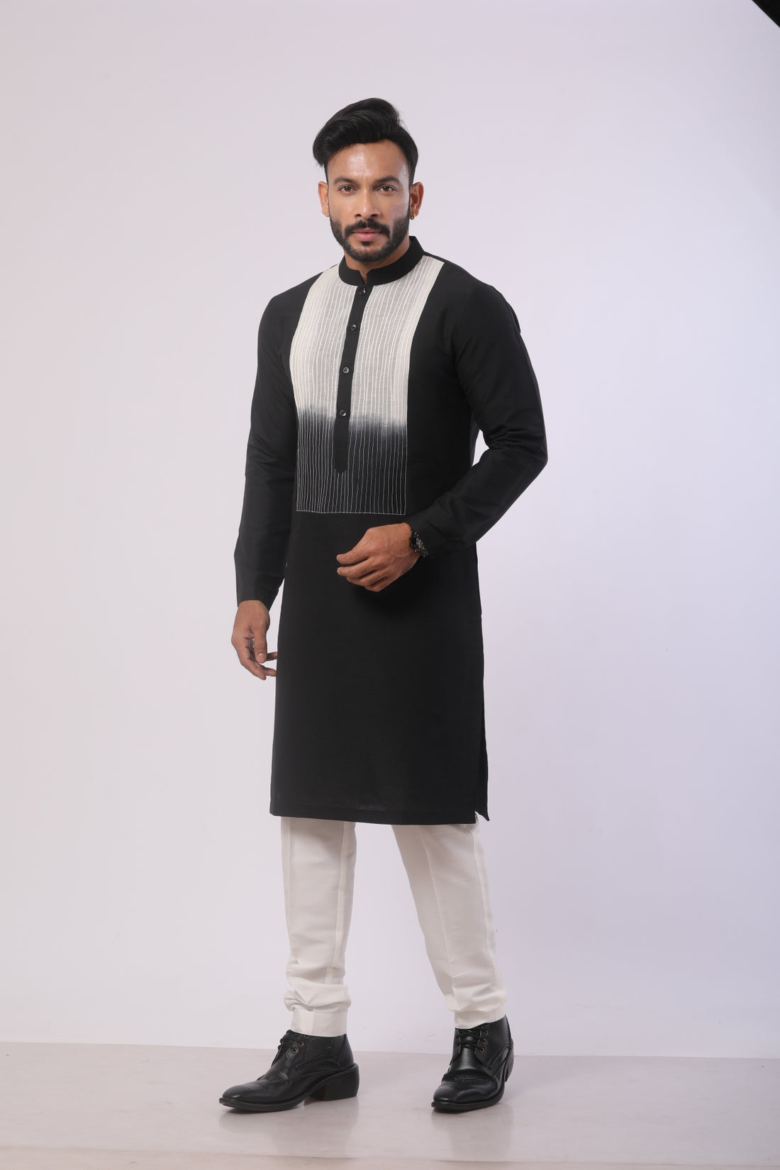 Off-White & Black Katan Silk Kurta Set with Mandarin Collar