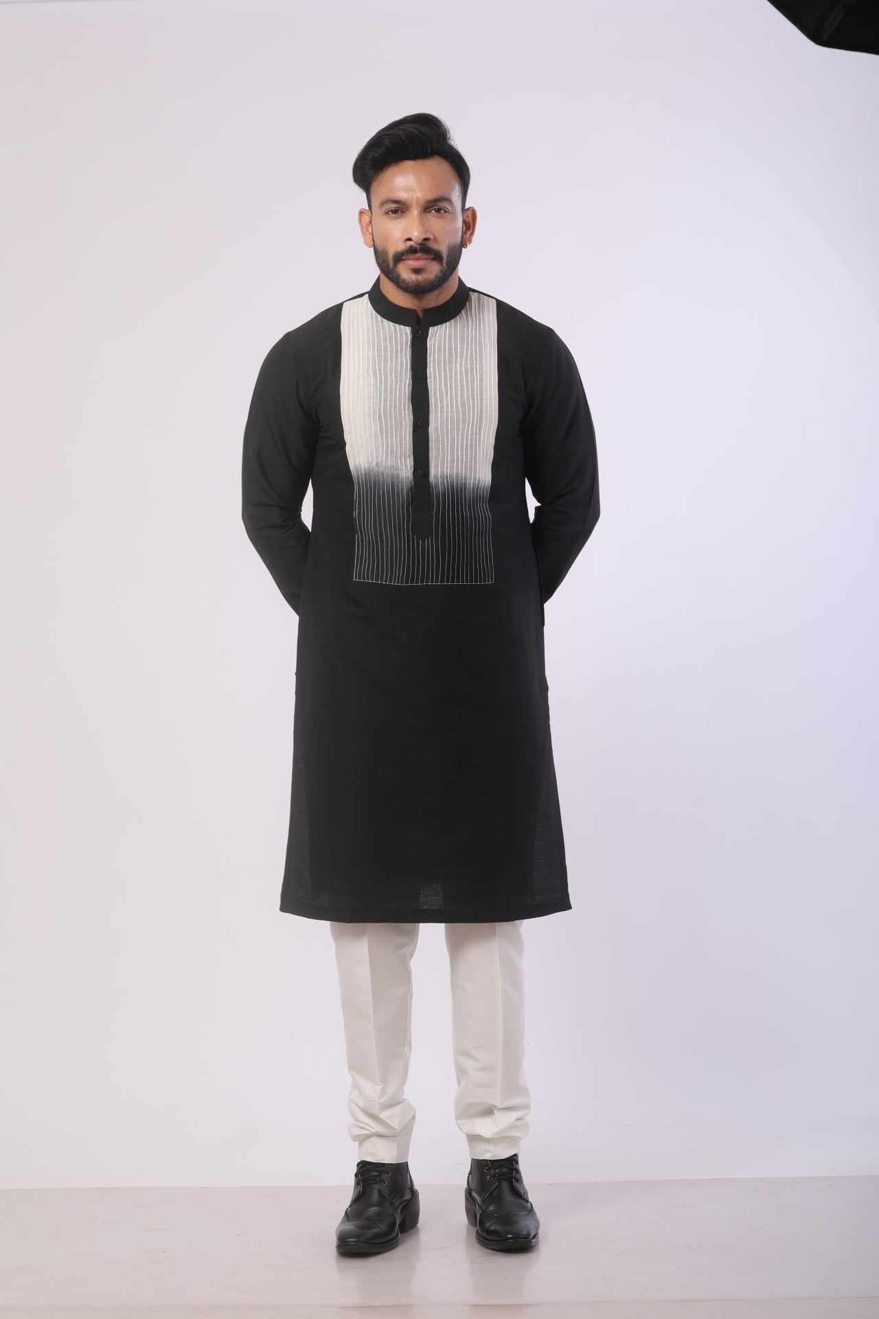 Off-White & Black Katan Silk Kurta Set with Mandarin Collar