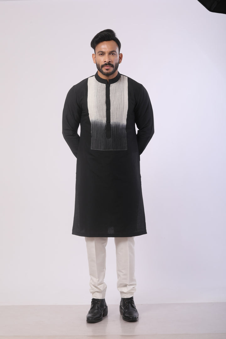 Off-White & Black Katan Silk Kurta Set with Mandarin Collar
