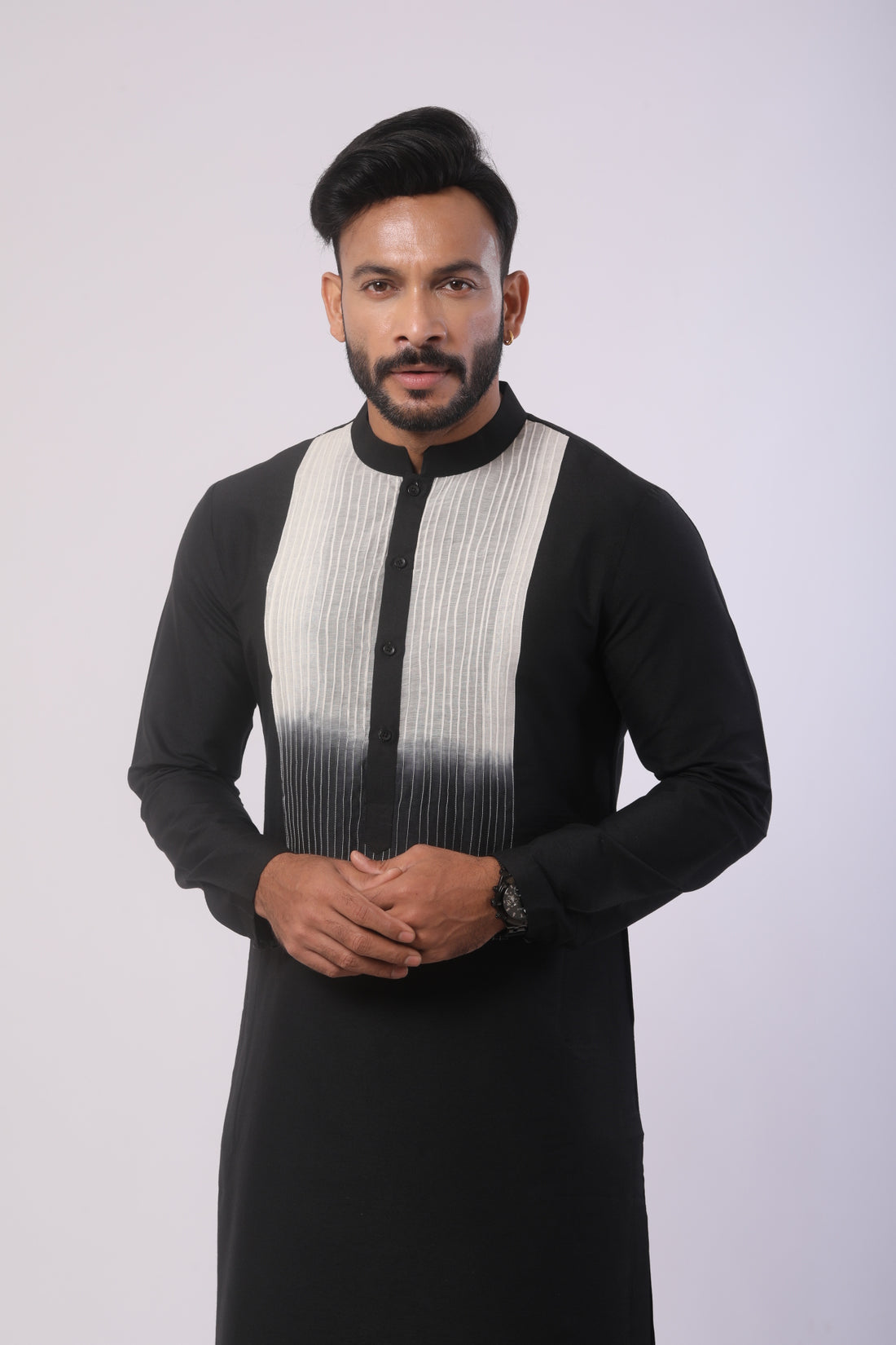 Off-White & Black Katan Silk Kurta Set with Mandarin Collar