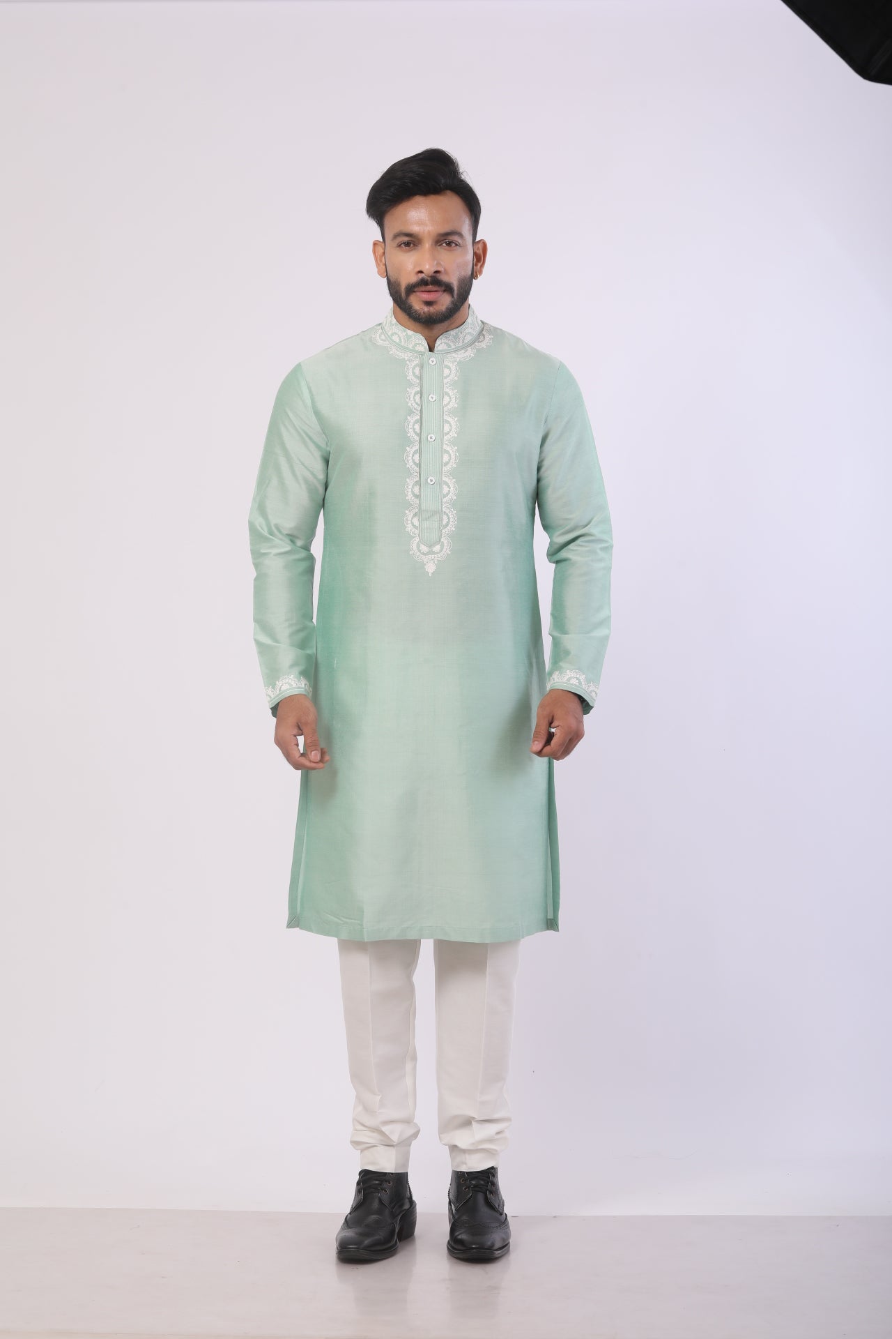 Mist Green Katan Silk Kurta Set with Dori Work – Off-White Pant