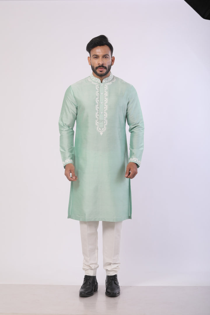 Mist Green Katan Silk Kurta Set with Dori Work – Off-White Pant