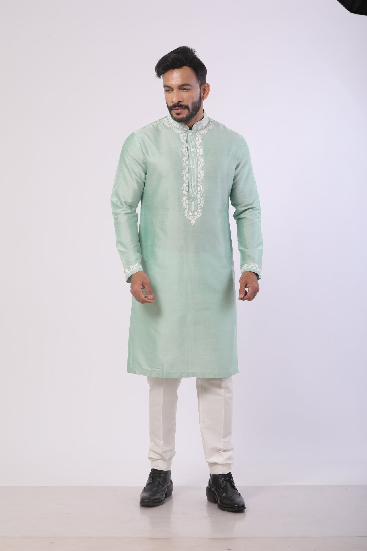 Mist Green Katan Silk Kurta Set with Dori Work – Off-White Pant