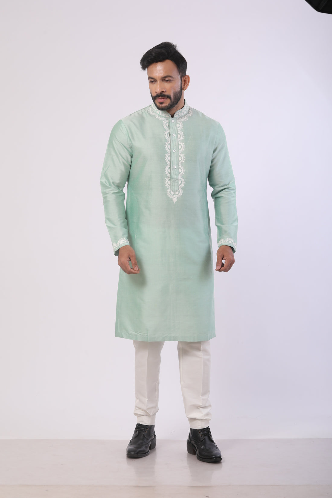 Mist Green Katan Silk Kurta Set with Dori Work – Off-White Pant