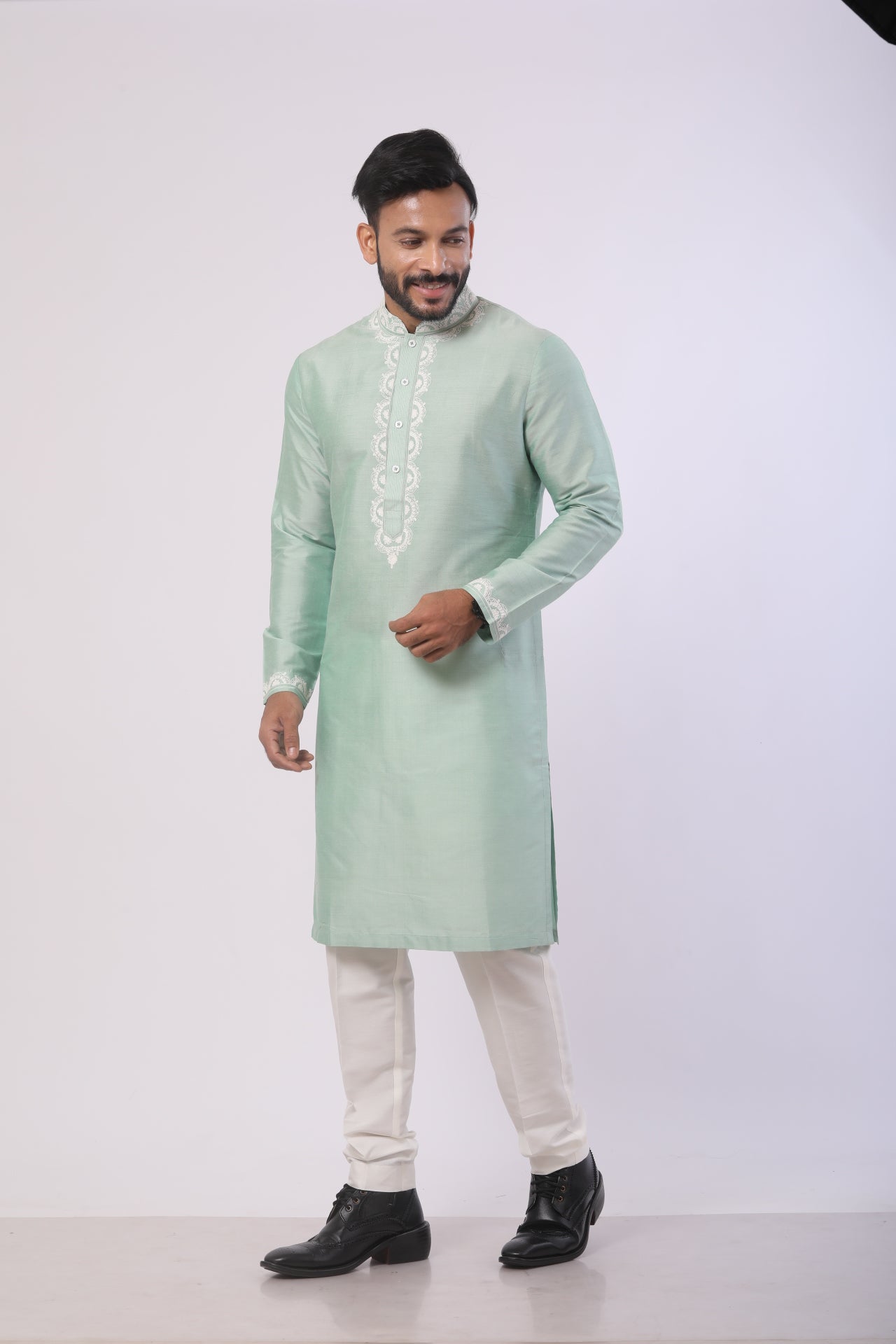 Mist Green Katan Silk Kurta Set with Dori Work – Off-White Pant