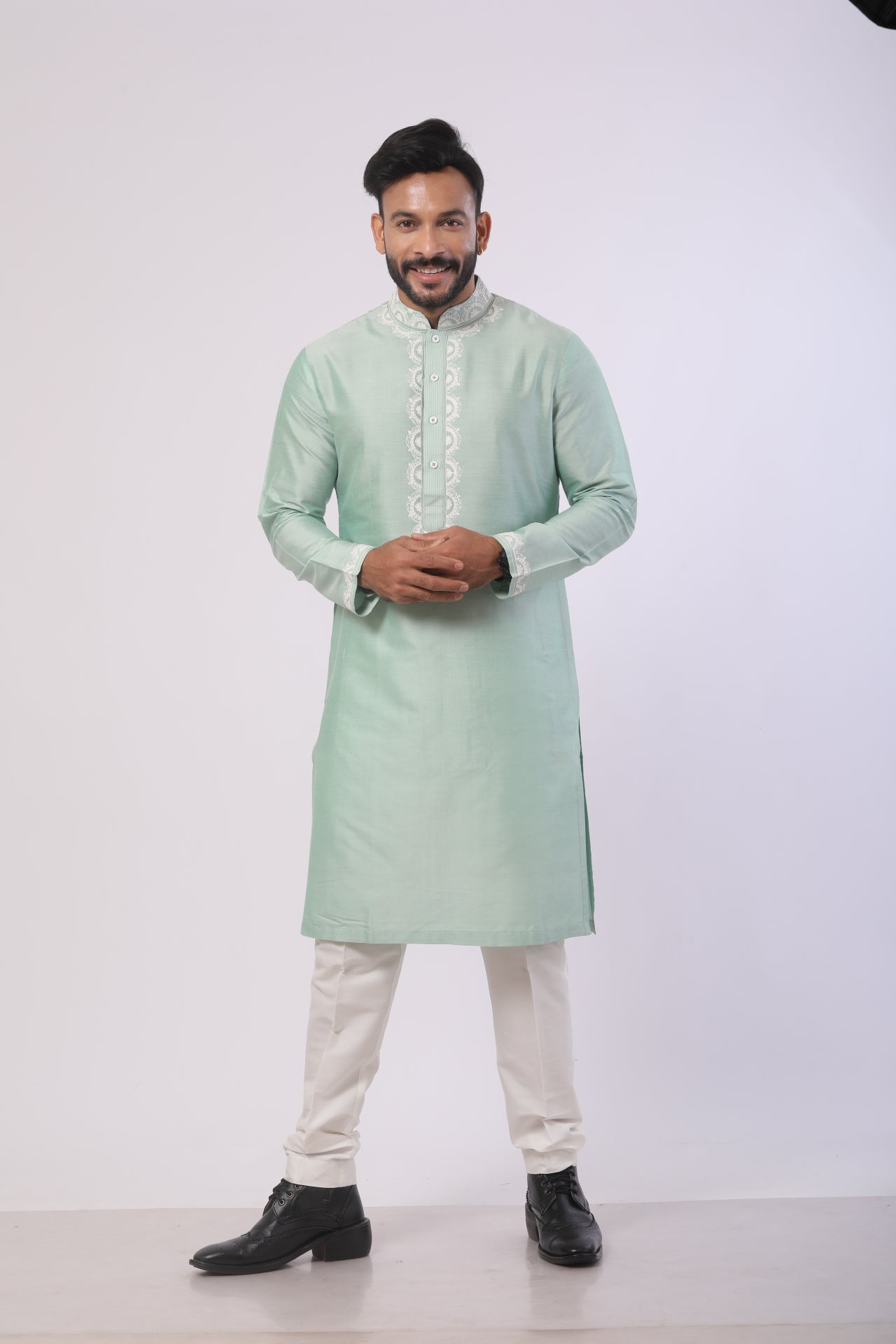 Mist Green Katan Silk Kurta Set with Dori Work – Off-White Pant
