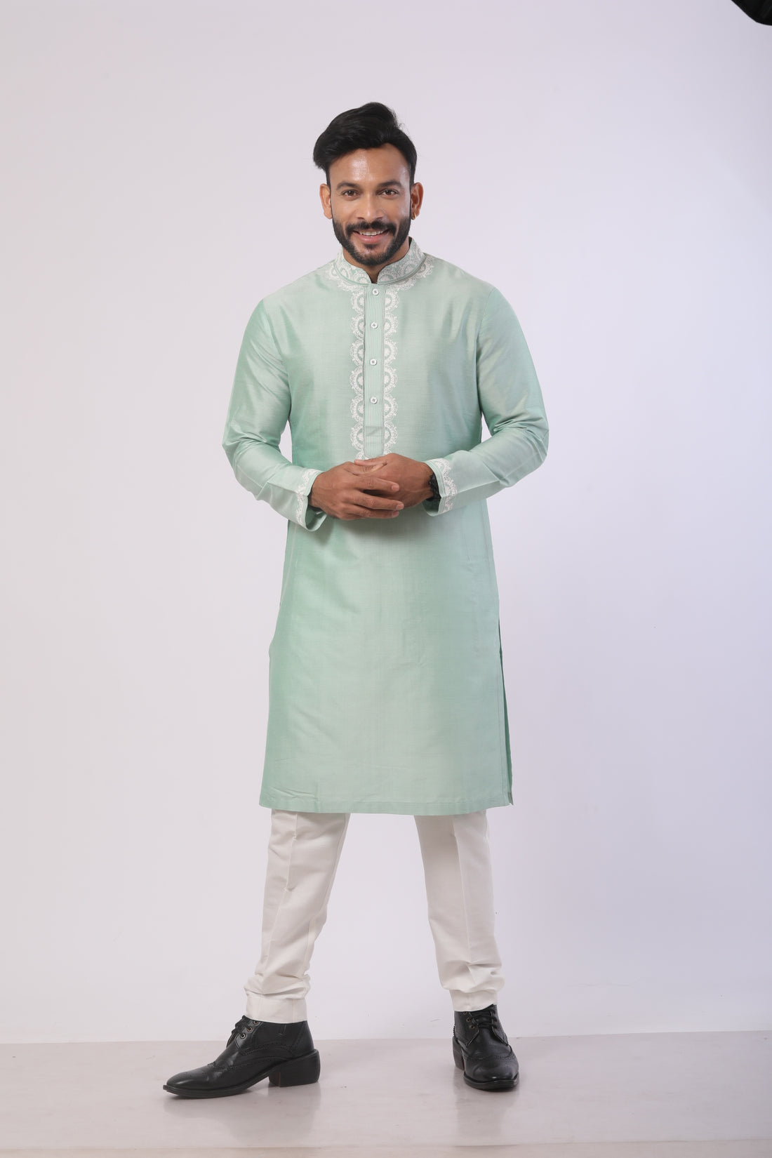 Mist Green Katan Silk Kurta Set with Dori Work – Off-White Pant