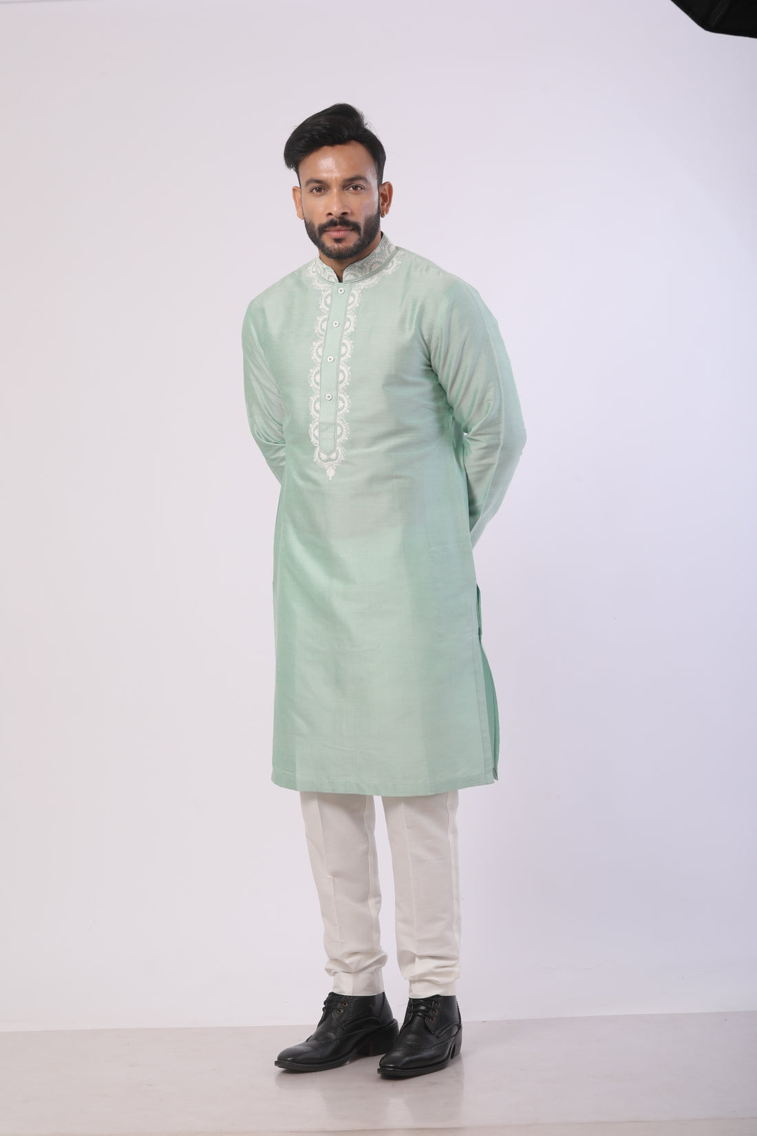 Mist Green Katan Silk Kurta Set with Dori Work – Off-White Pant