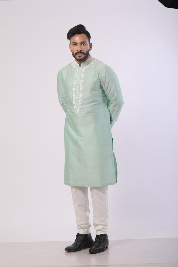 Mist Green Katan Silk Kurta Set with Dori Work – Off-White Pant