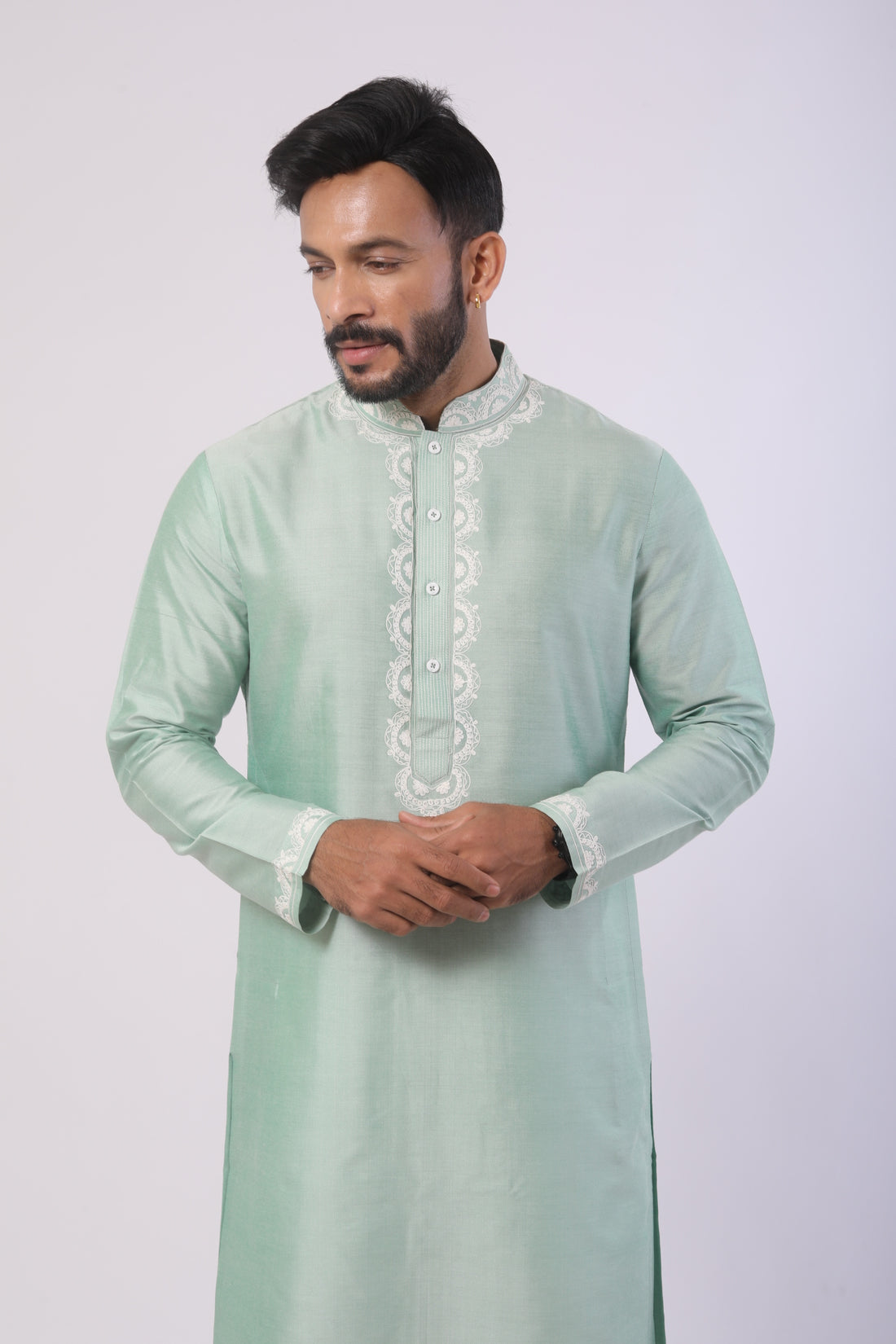 Mist Green Katan Silk Kurta Set with Dori Work – Off-White Pant