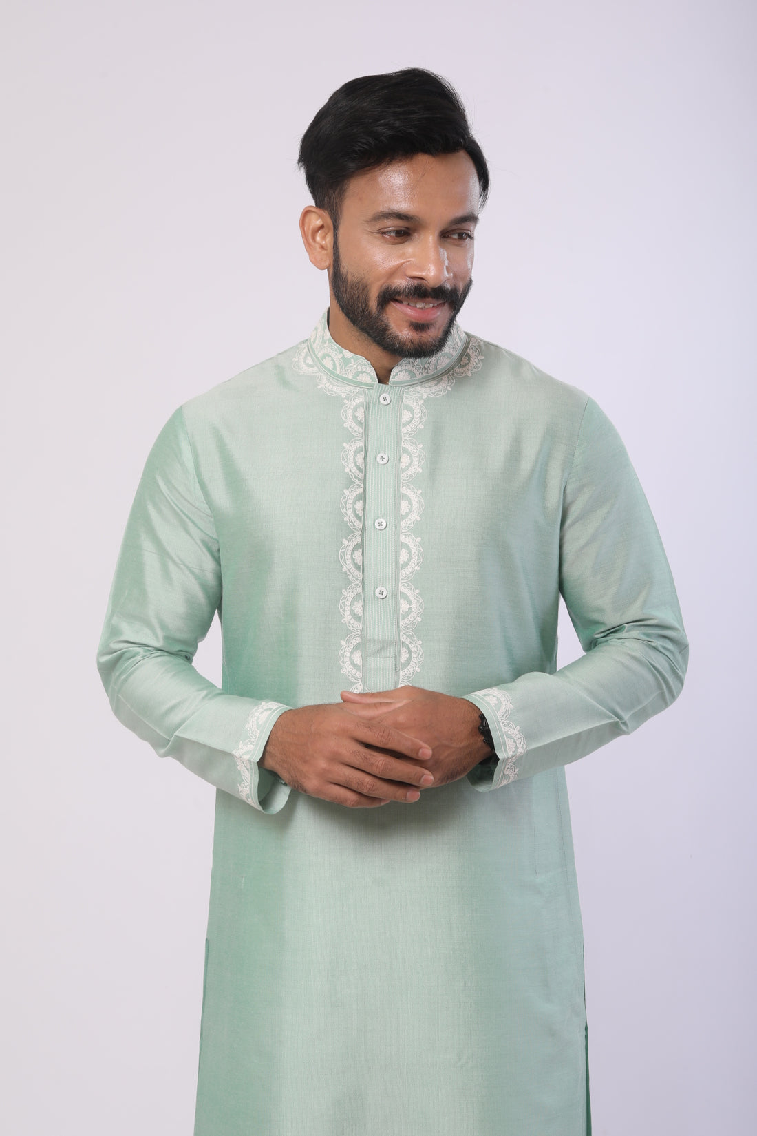 Mist Green Katan Silk Kurta Set with Dori Work – Off-White Pant