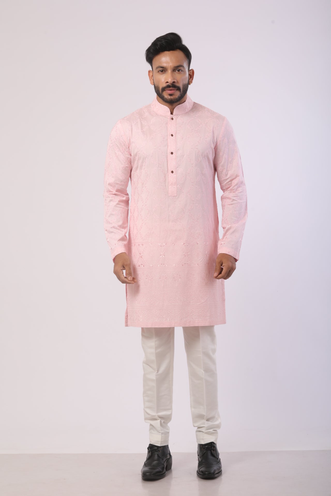 Pink & Off-White Katan Silk Kurta Set