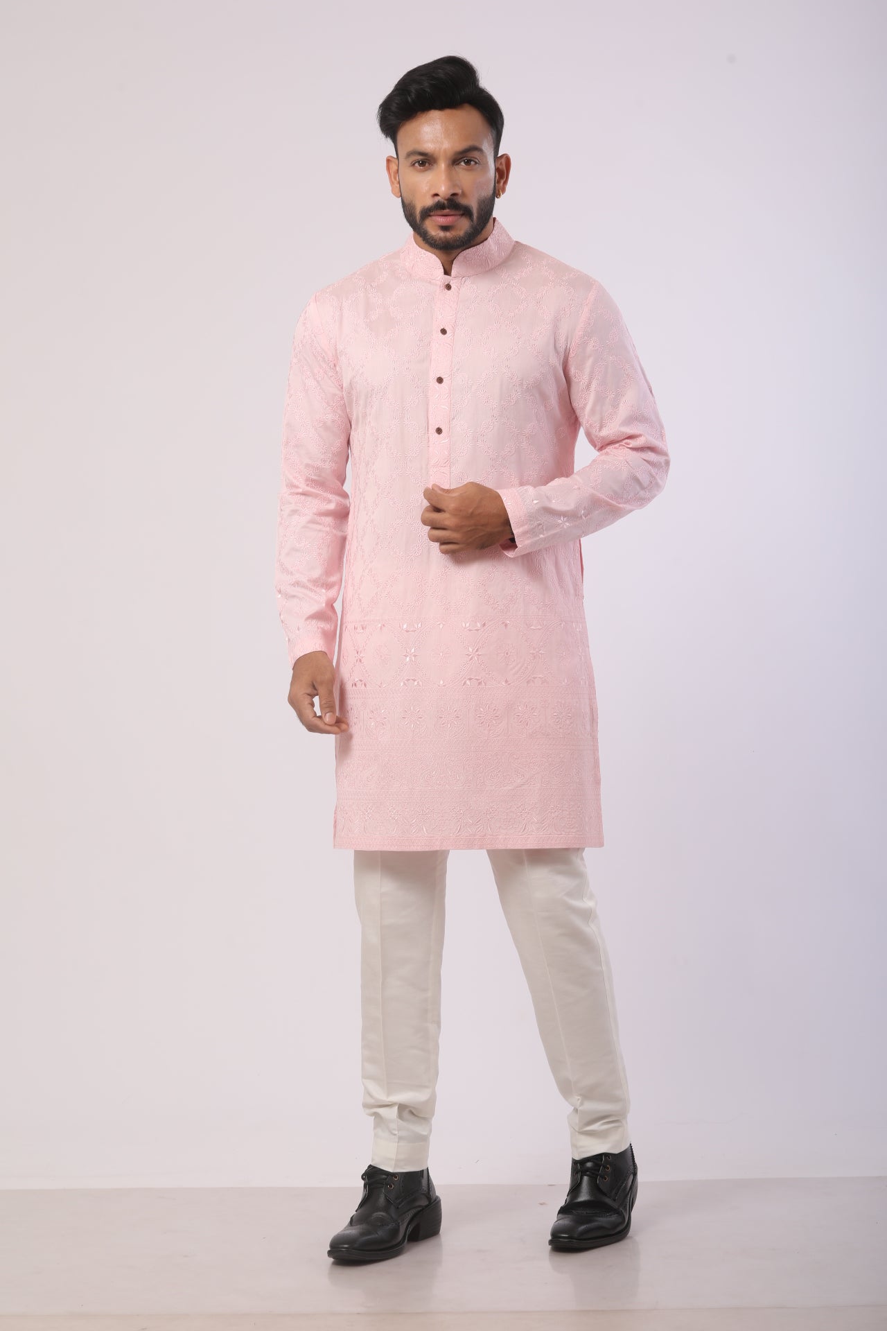 Pink & Off-White Katan Silk Kurta Set
