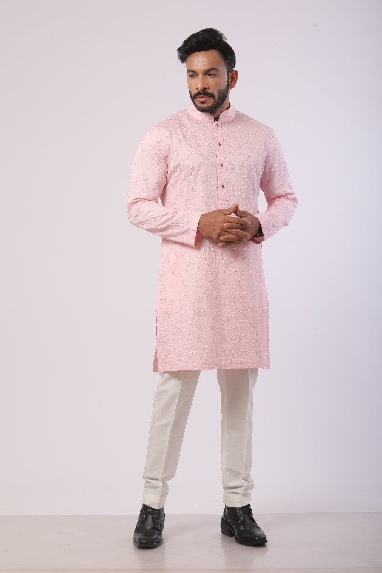 Pink & Off-White Katan Silk Kurta Set