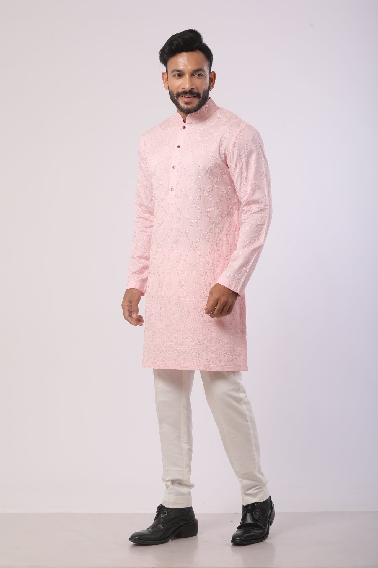 Pink & Off-White Katan Silk Kurta Set