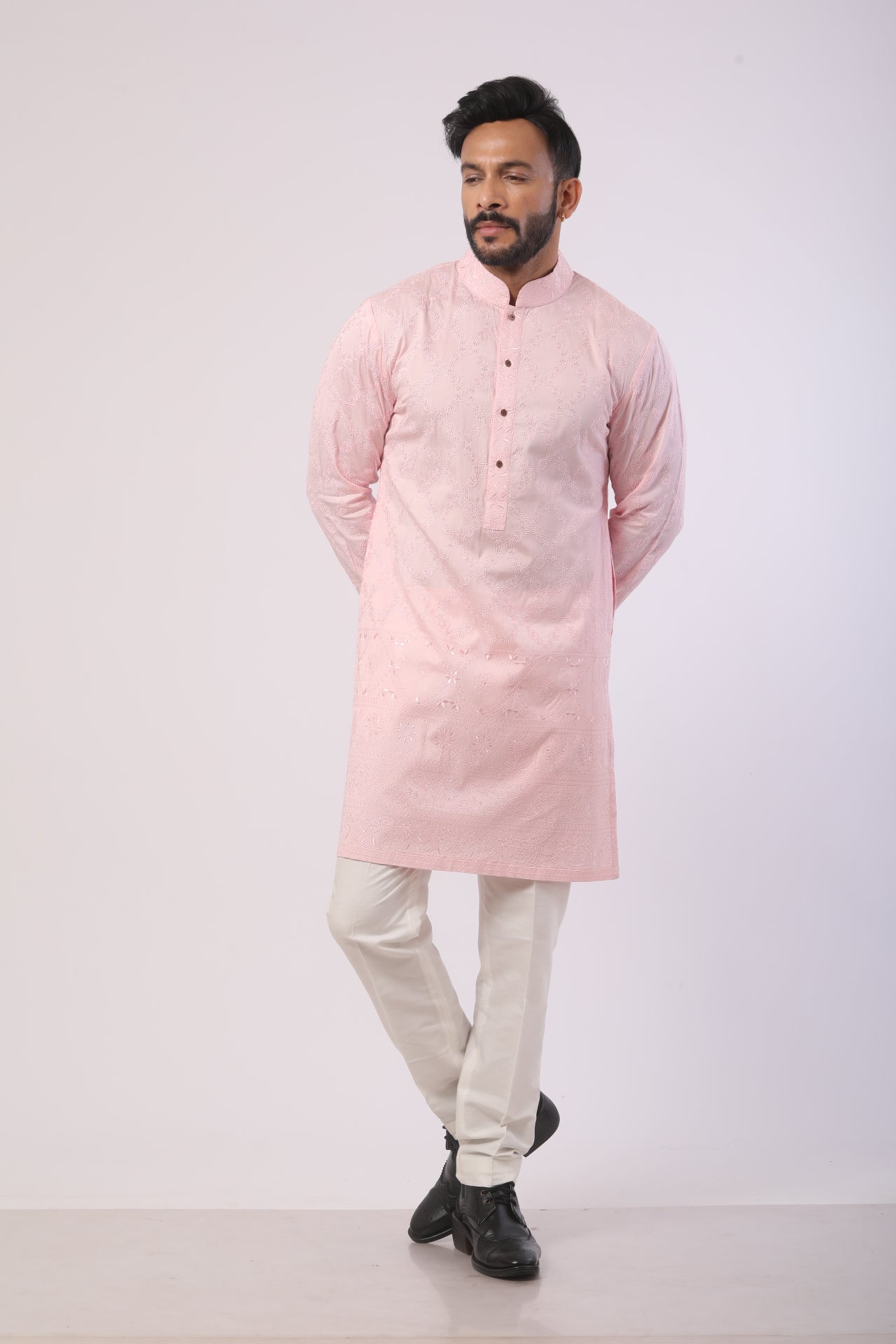 Pink & Off-White Katan Silk Kurta Set