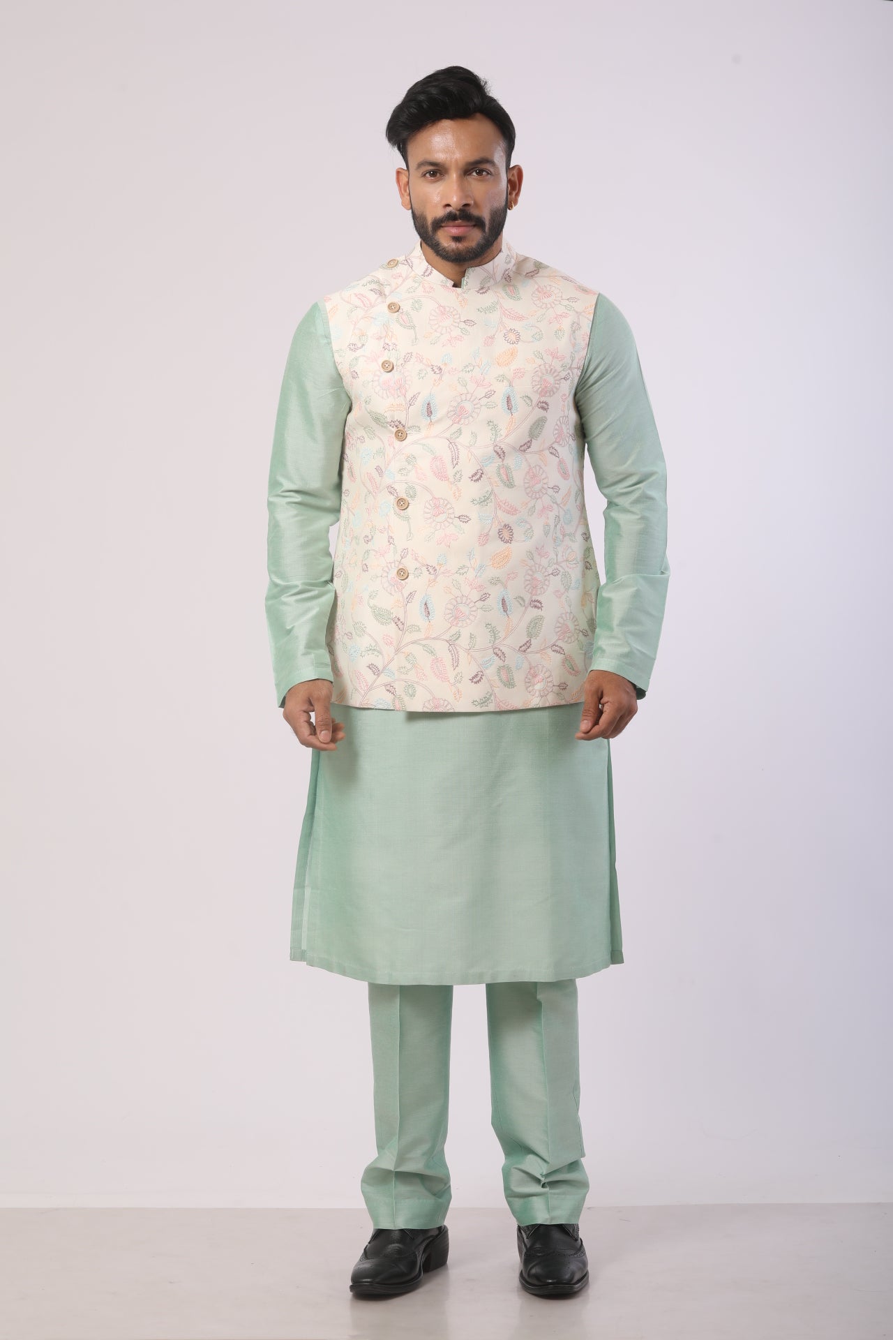 Off-White Bandhgala Jacket with Aqua Marine Kurta Set