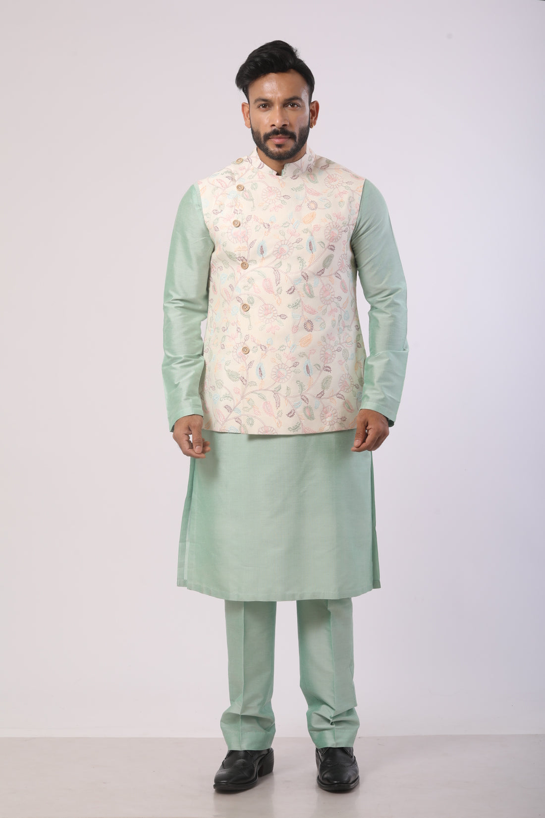 Off-White Bandhgala Jacket with Aqua Marine Kurta Set