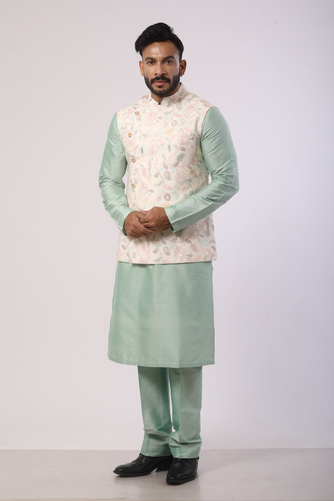 Off-White Bandhgala Jacket with Aqua Marine Kurta Set