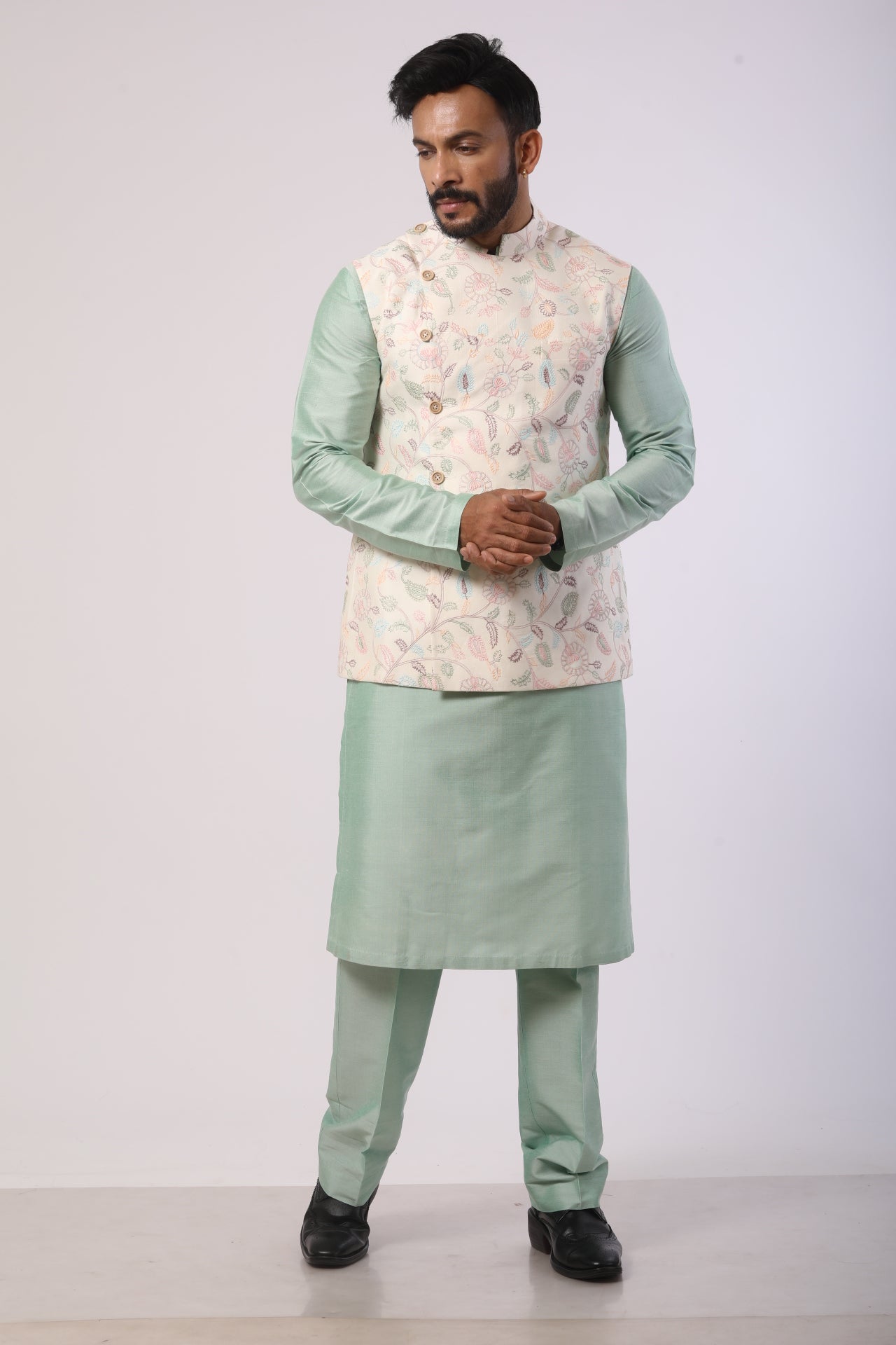 Off-White Bandhgala Jacket with Aqua Marine Kurta Set