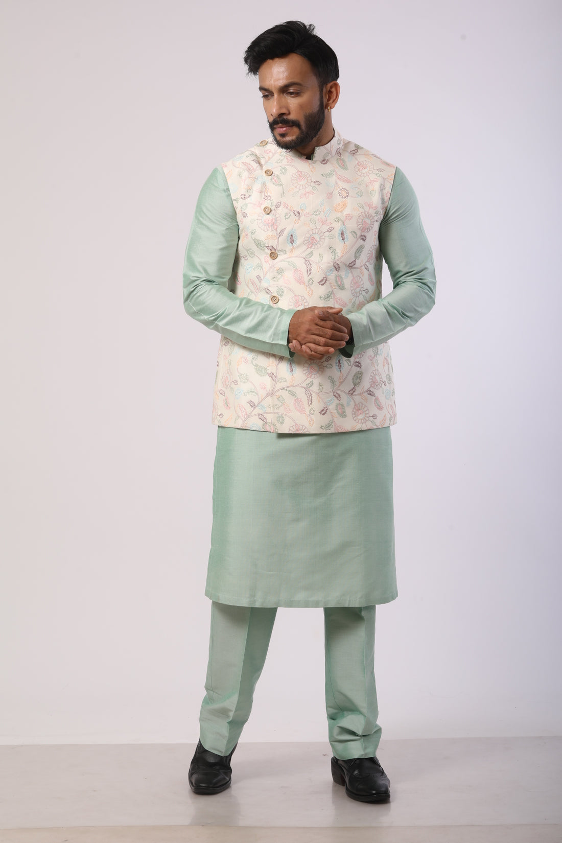 Off-White Bandhgala Jacket with Aqua Marine Kurta Set