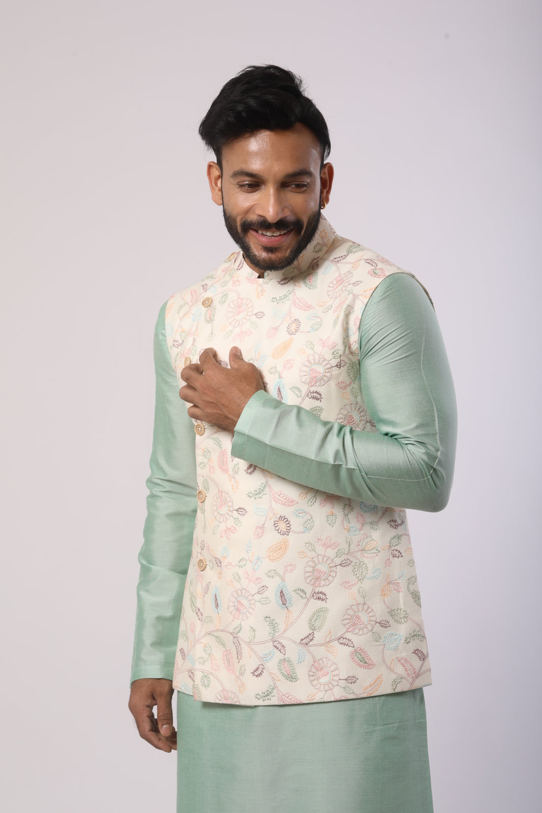 Off-White Bandhgala Jacket with Aqua Marine Kurta Set