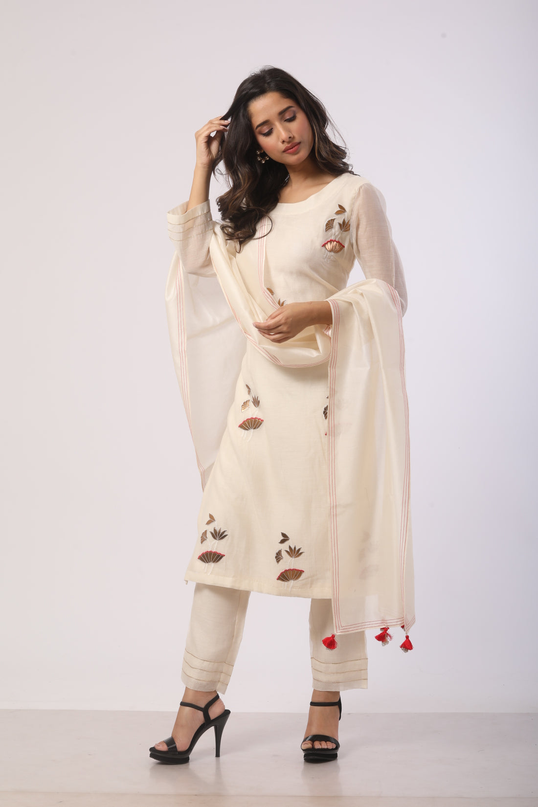 Off-White Pure Chanderi Kurta Set with Patch Work